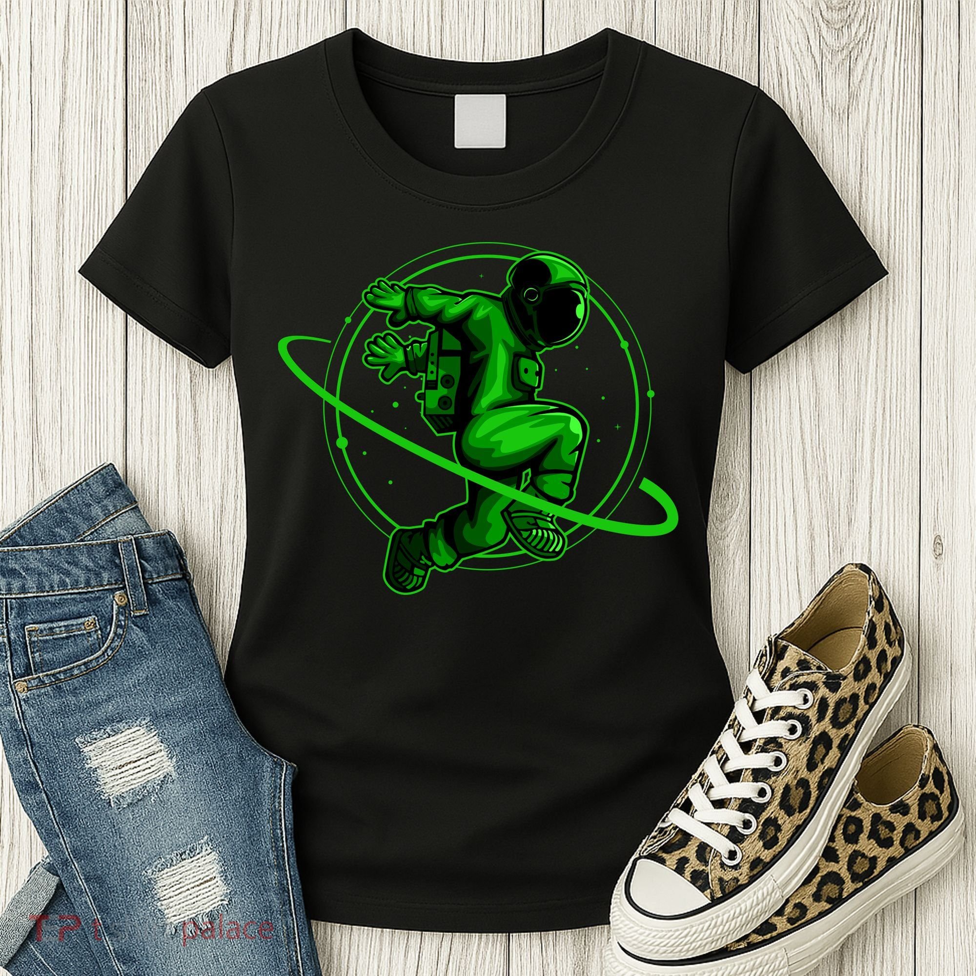 Cool Green Space Astronaut Jumping Retro Women's T-Shirt