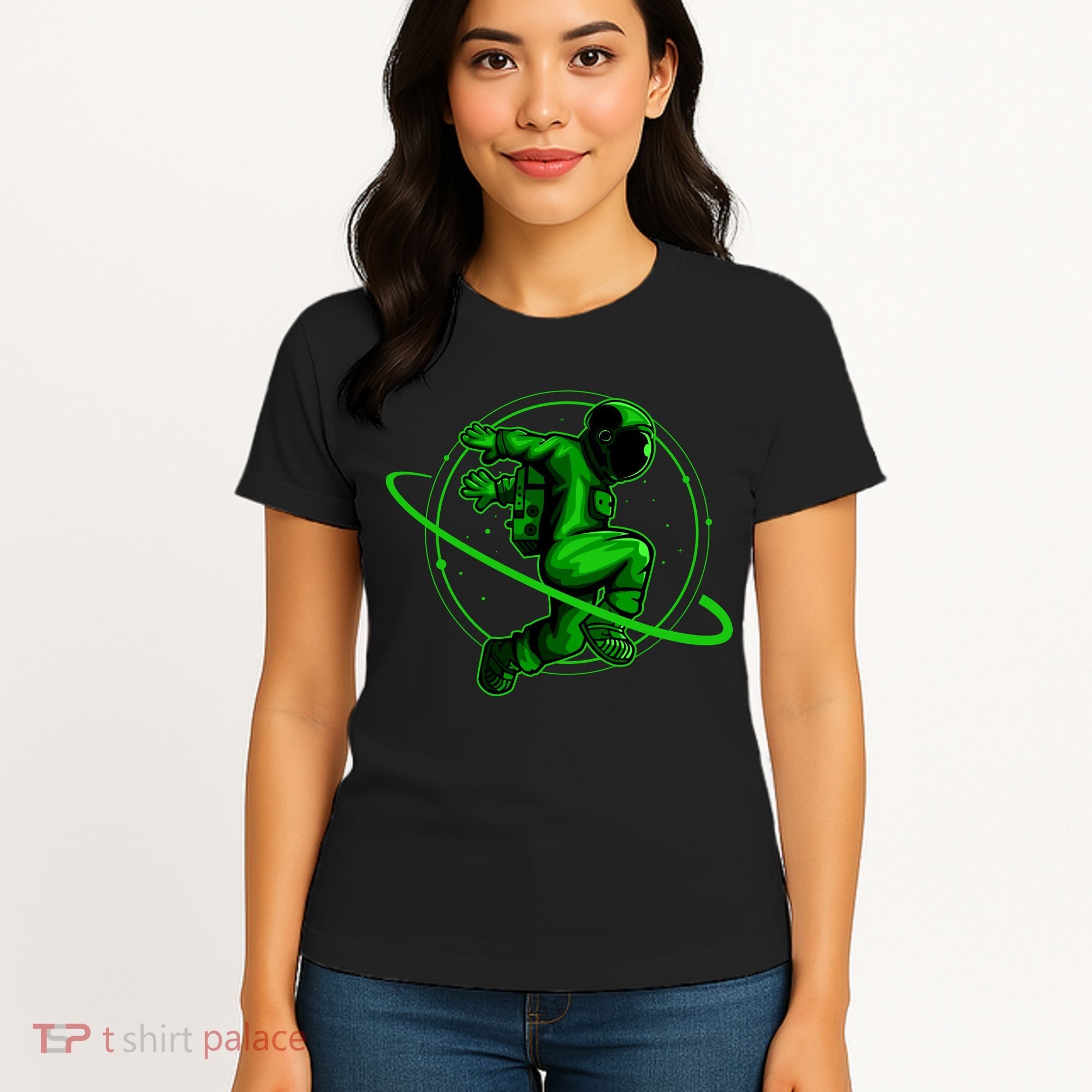 Cool Green Space Astronaut Jumping Retro Women's T-Shirt