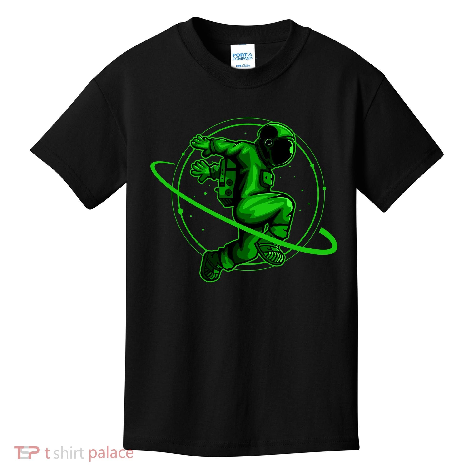 Cool Green Space Astronaut Jumping Retro Kids T-Shirt