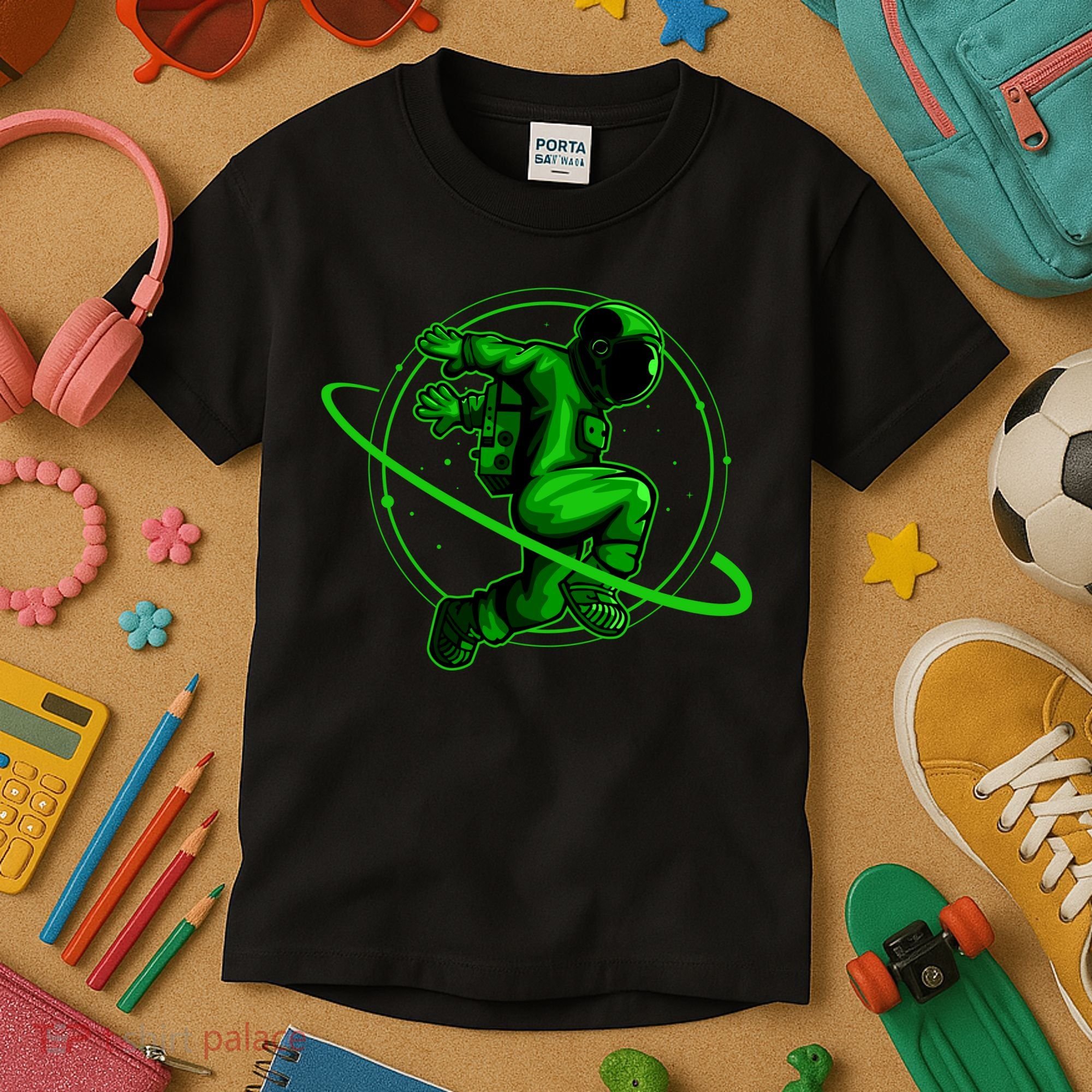 Cool Green Space Astronaut Jumping Retro Kids T-Shirt