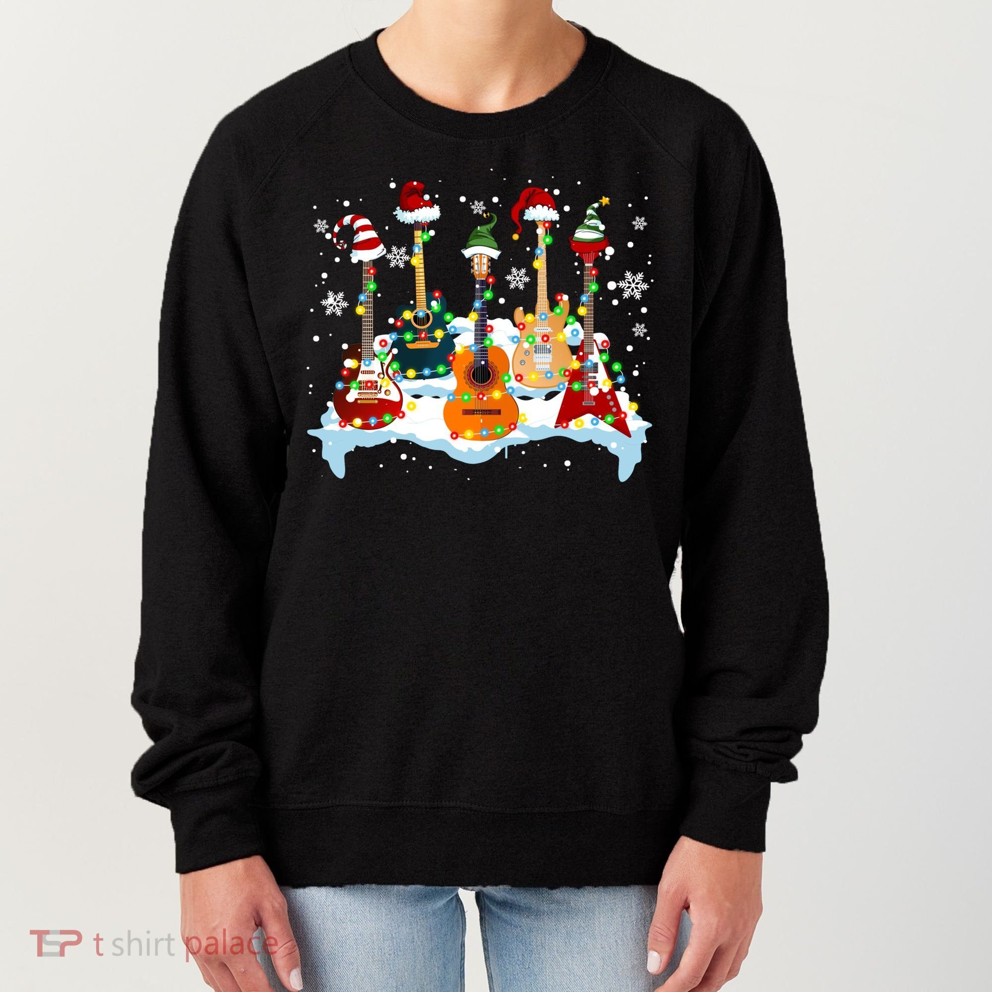 Christmas Guitar Tree Xmas Lights Santa Guitar Instruts Gift Women's Sweatshirt