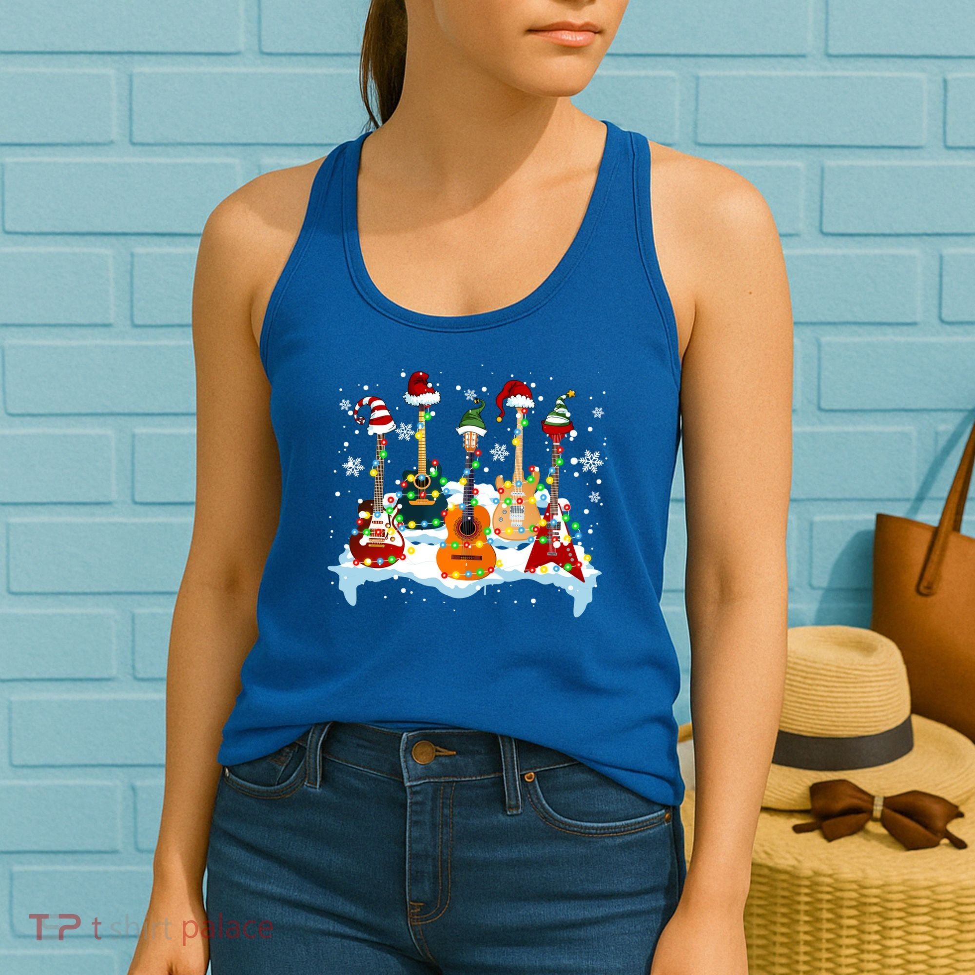 Christmas Guitar Tree Xmas Lights Santa Guitar Instruts Gift Women's Tank Top