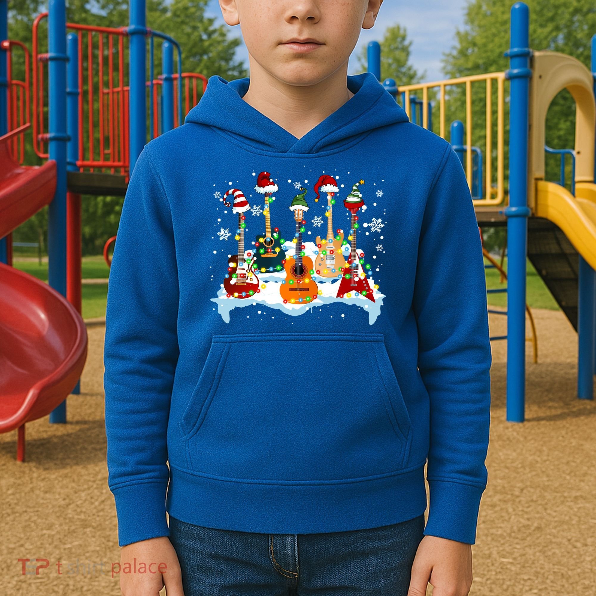 Christmas Guitar Tree Xmas Lights Santa Guitar Instruts Gift Kids Hoodie
