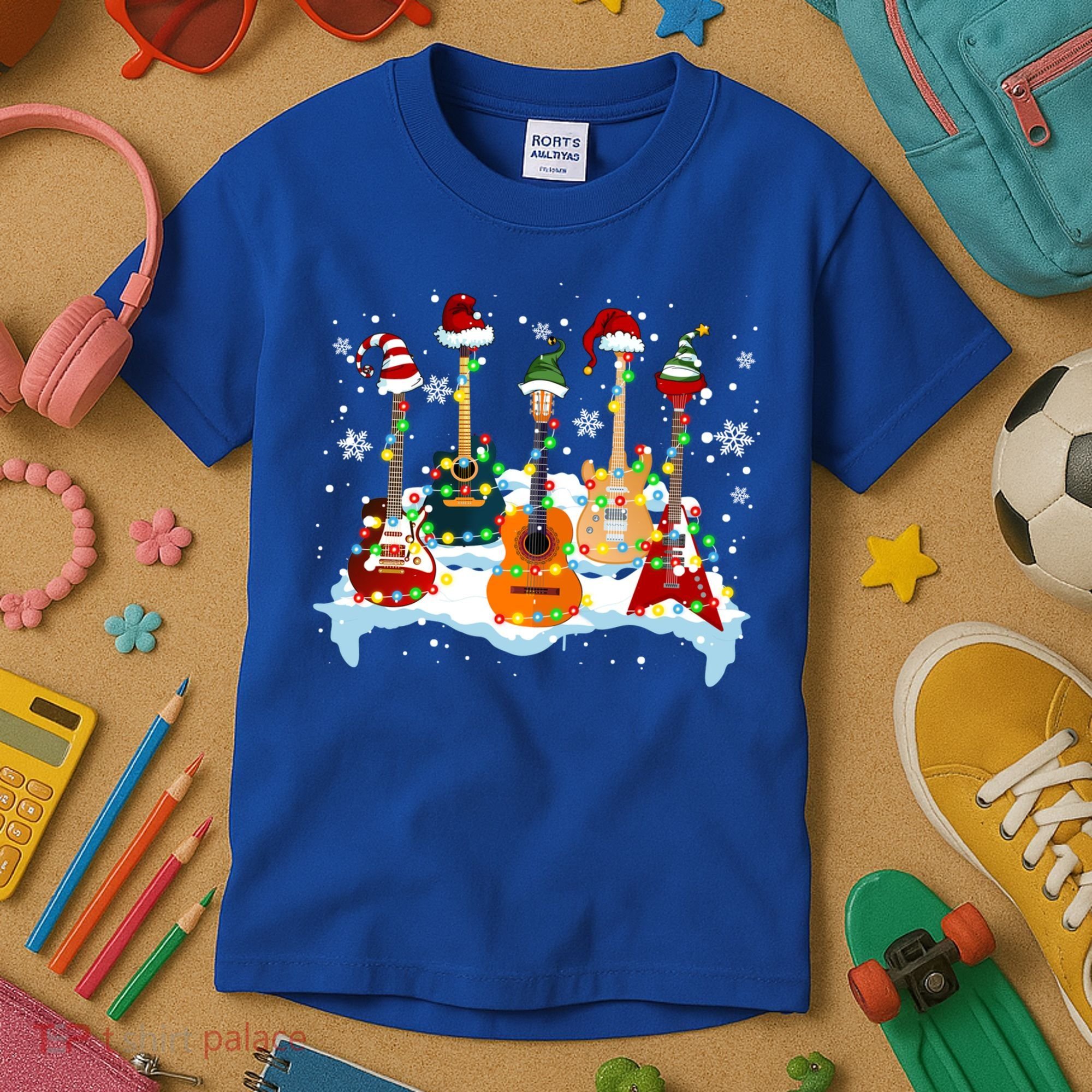Christmas Guitar Tree Xmas Lights Santa Guitar Instruts Gift Kids T-Shirt