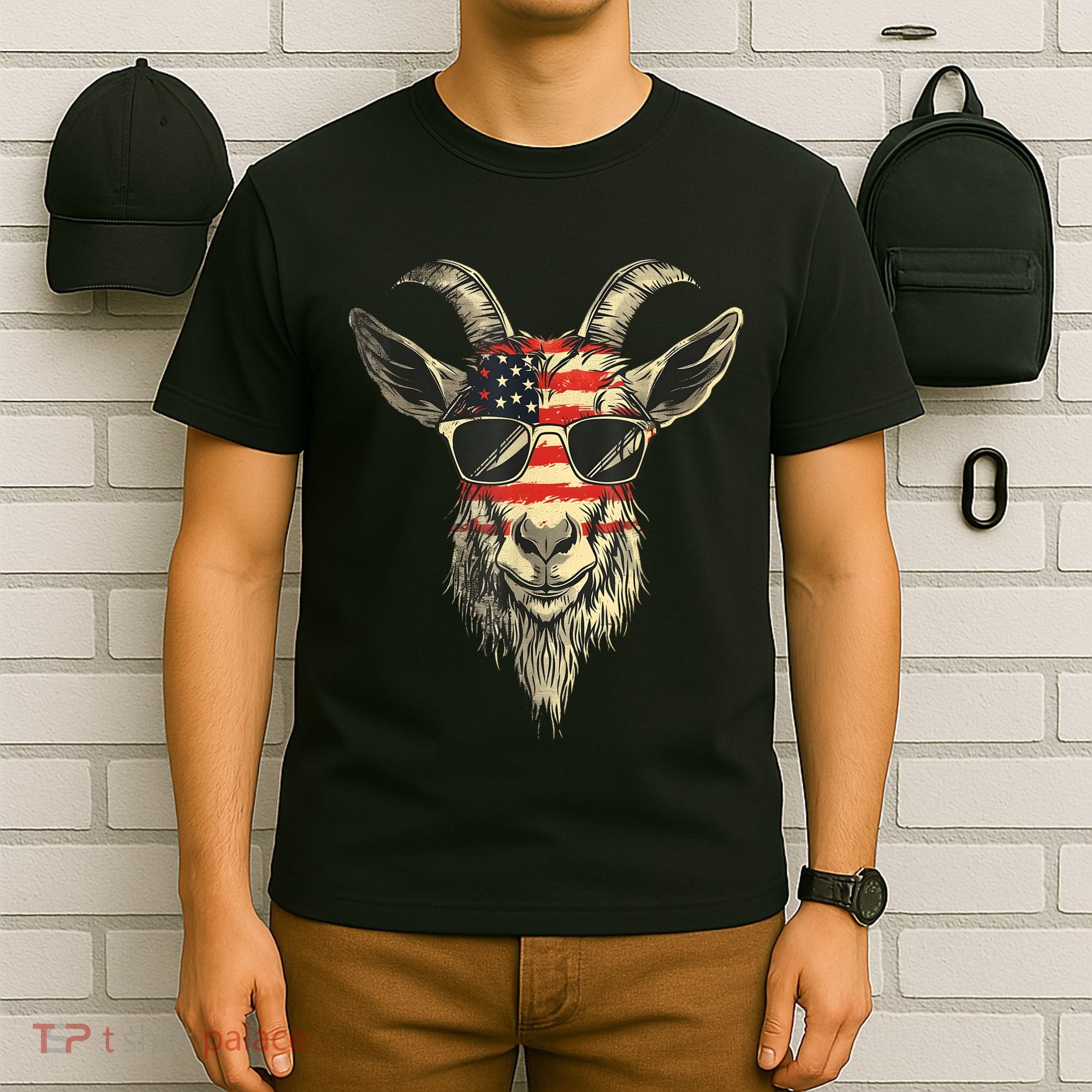Cool Goat With Sunglasses And Usa Flag T-Shirt