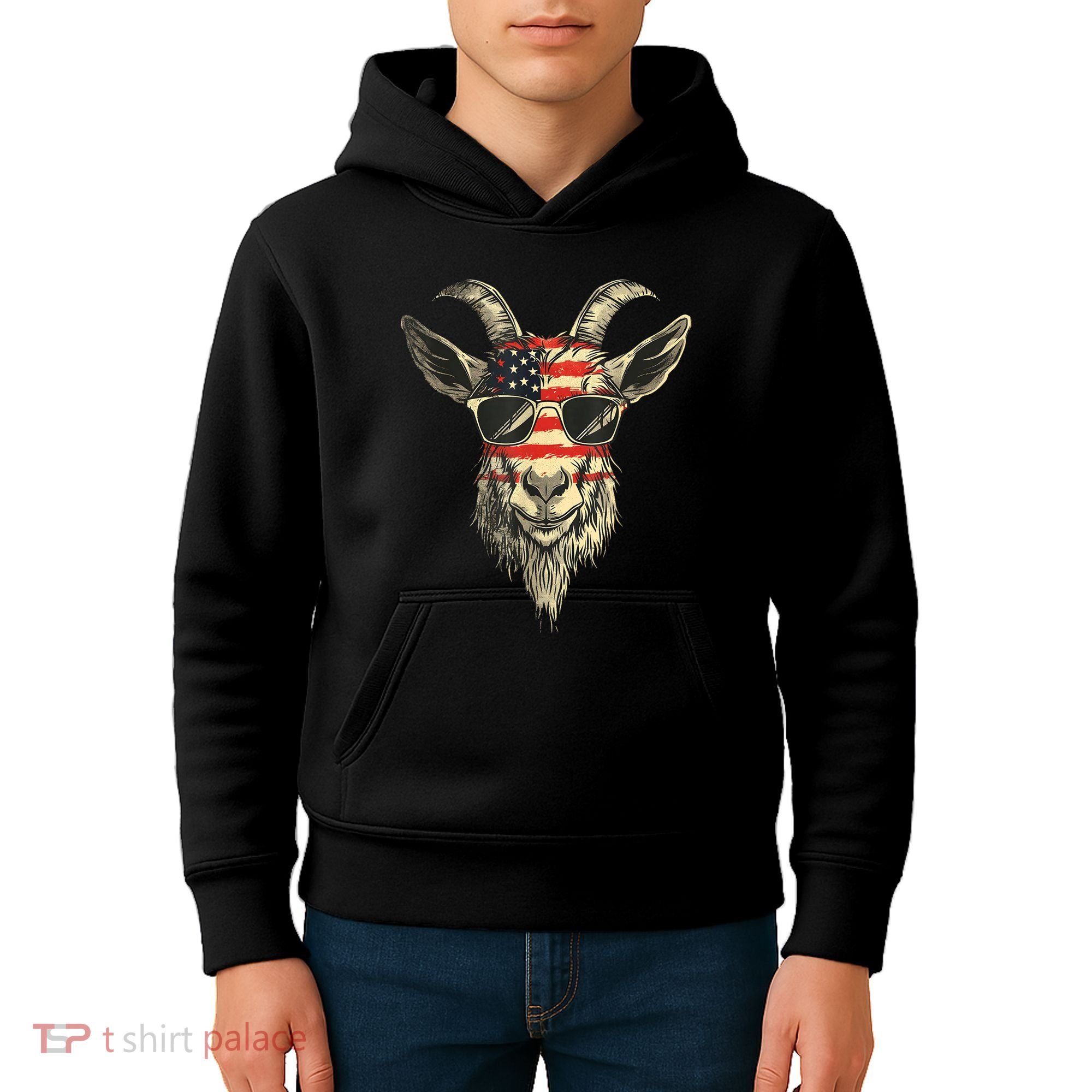 Cool Goat With Sunglasses And Usa Flag Kids Hoodie