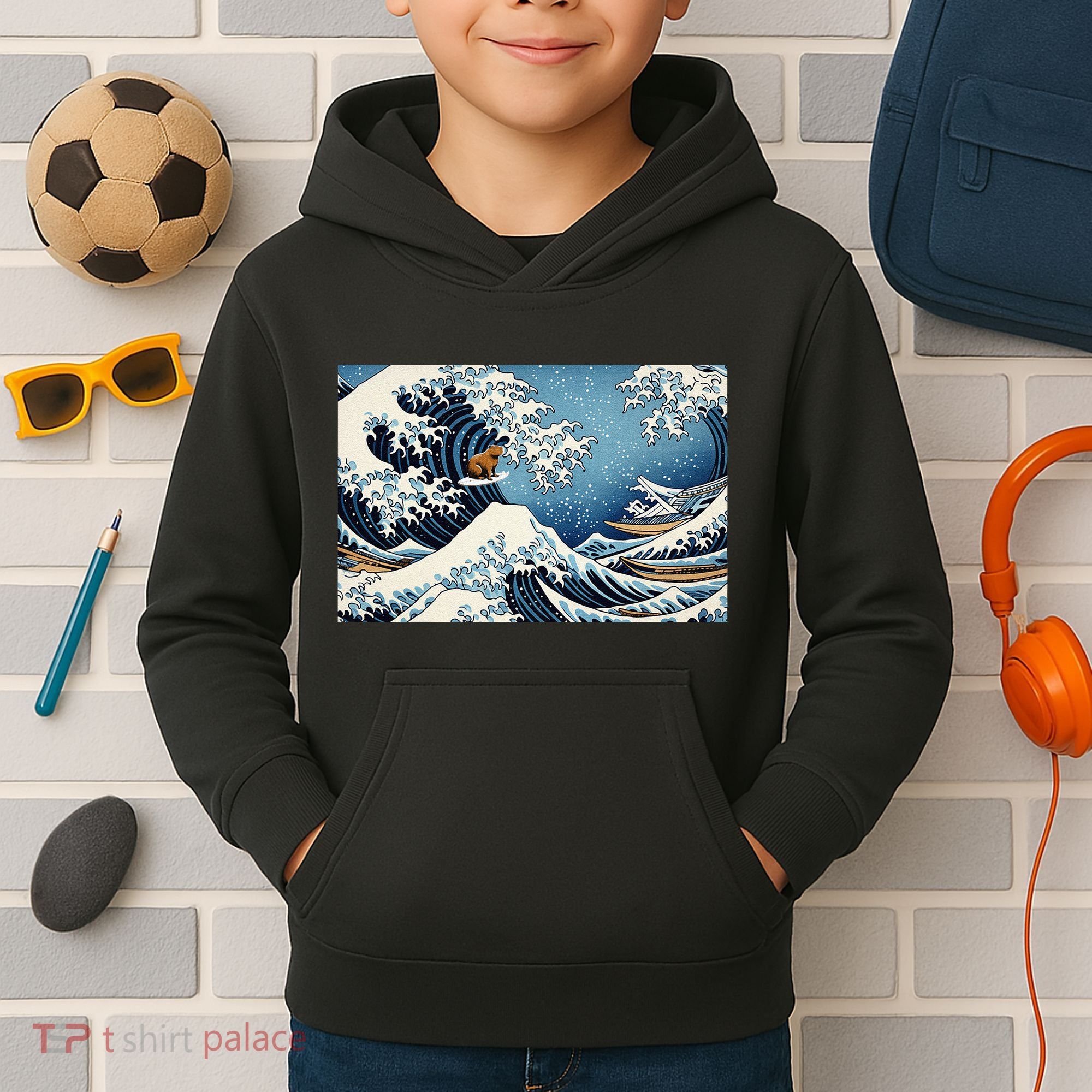 Capybara Great Wave Of Kanagawa Kids Hoodie