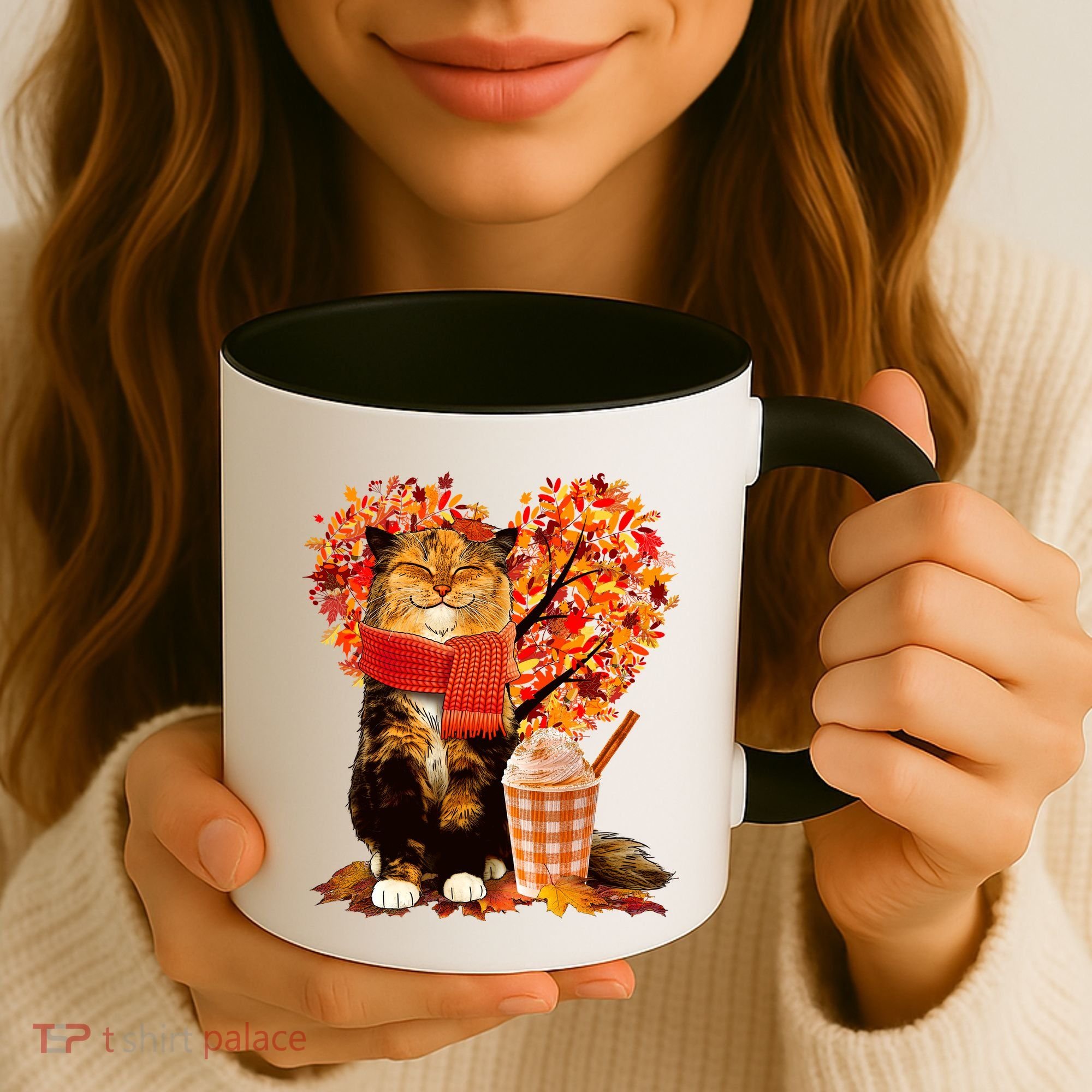 Cute Happy Autumn Cat With Pumpkin Spice Drink Fall Lover Coffee Mug