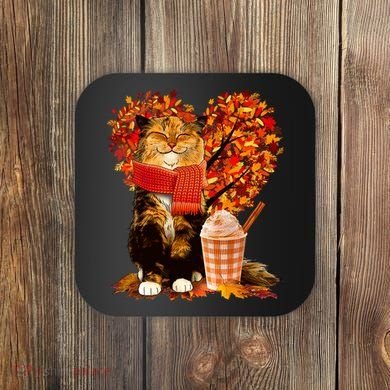 Cute Happy Autumn Cat With Pumpkin Spice Drink Fall Lover Coaster