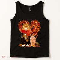 Cute Happy Autumn Cat With Pumpkin Spice Drink Fall Lover Tank Top thumb 2