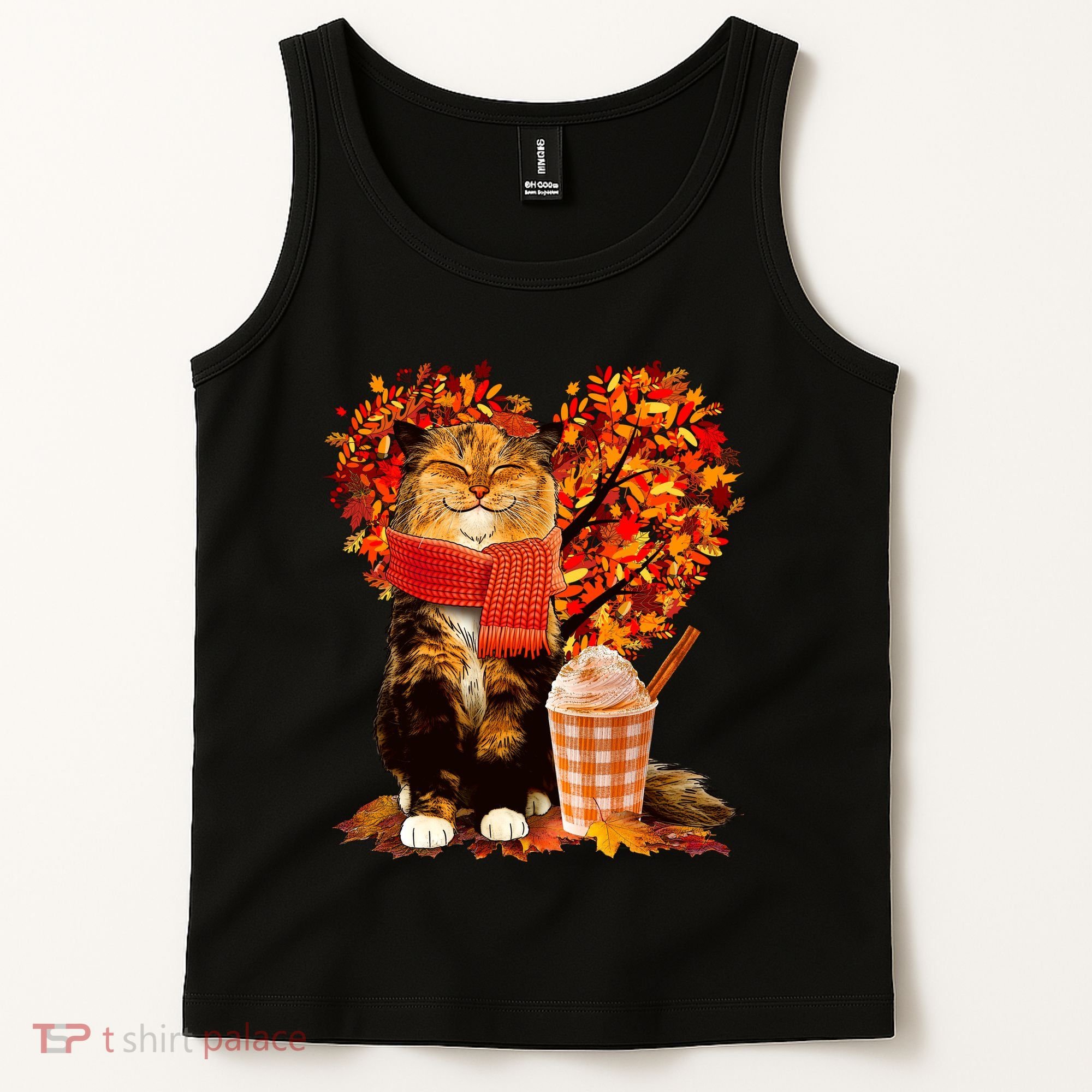 Cute Happy Autumn Cat With Pumpkin Spice Drink Fall Lover Tank Top