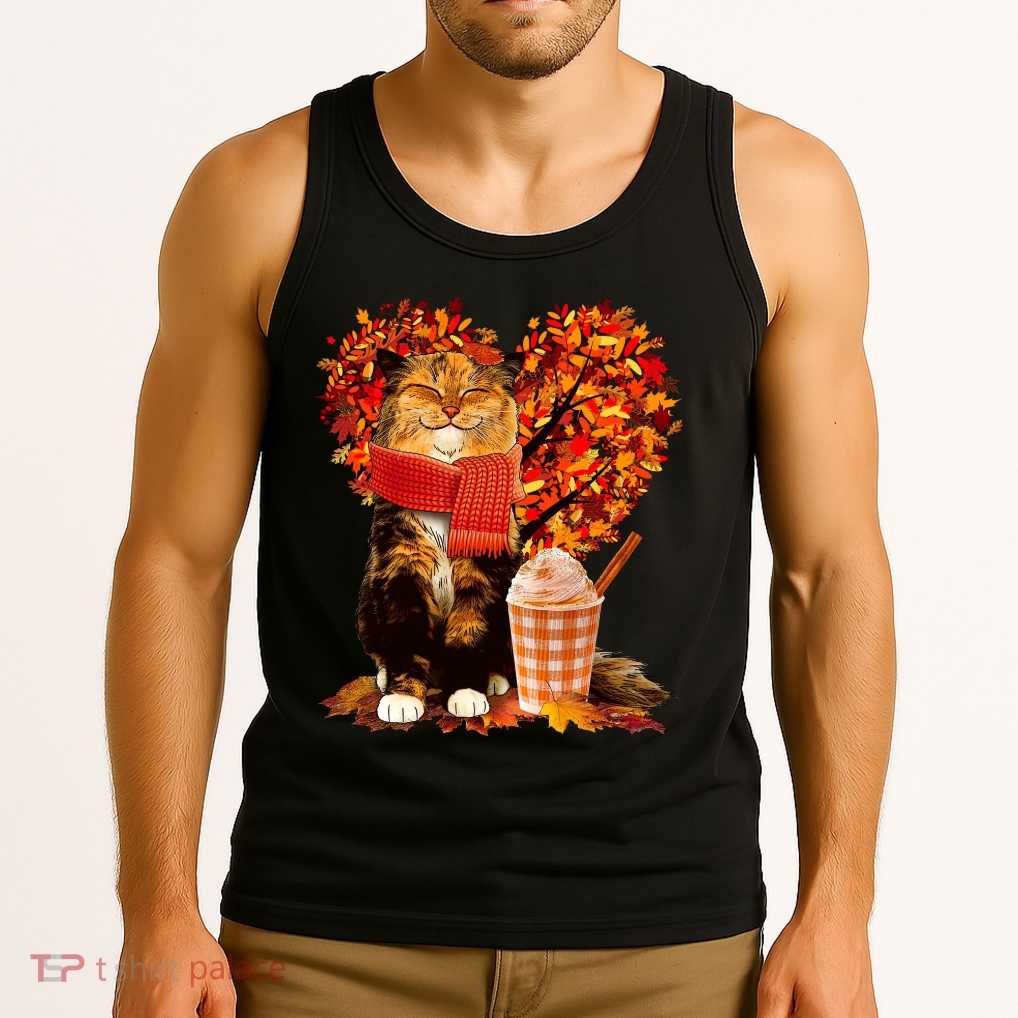 Cute Happy Autumn Cat With Pumpkin Spice Drink Fall Lover Tank Top
