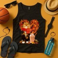 Cute Happy Autumn Cat With Pumpkin Spice Drink Fall Lover Tank Top thumb 4