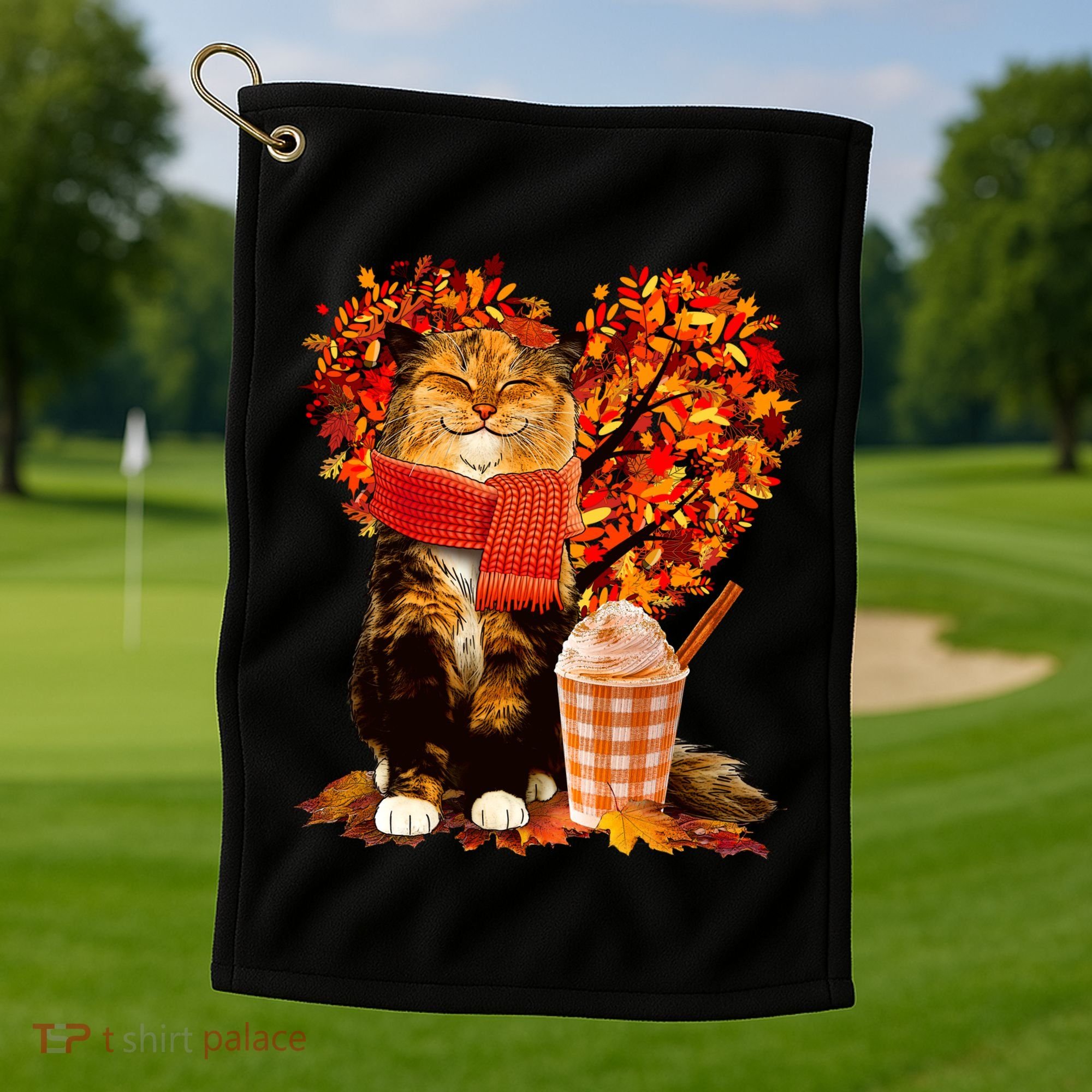 Cute Happy Autumn Cat With Pumpkin Spice Drink Fall Lover Golf Towel