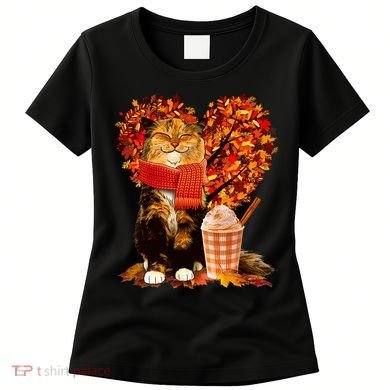 Cute Happy Autumn Cat With Pumpkin Spice Drink Fall Lover Women's T-Shirt