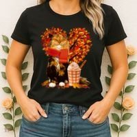 Cute Happy Autumn Cat With Pumpkin Spice Drink Fall Lover Women's T-Shirt thumb 2