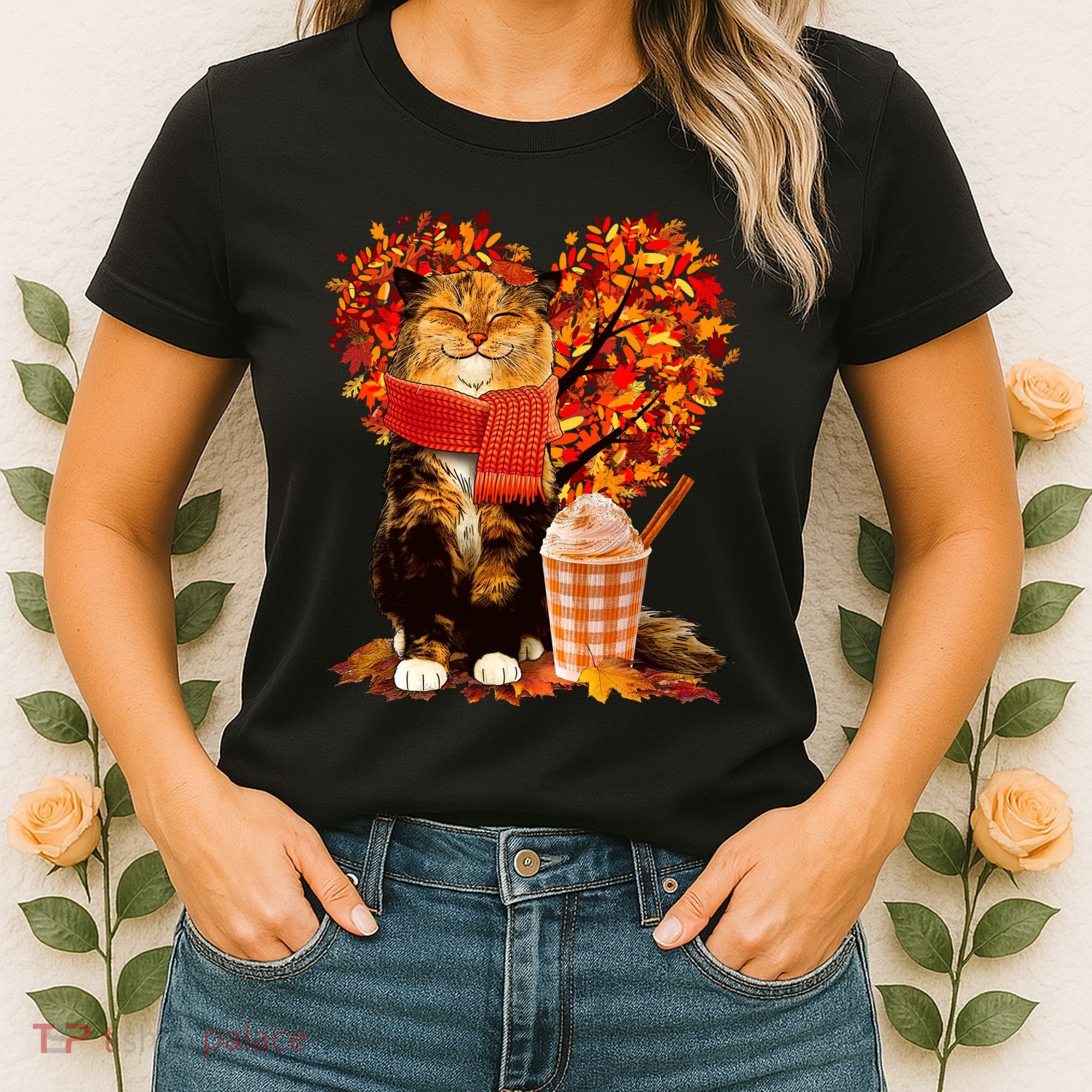 Cute Happy Autumn Cat With Pumpkin Spice Drink Fall Lover Women's T-Shirt