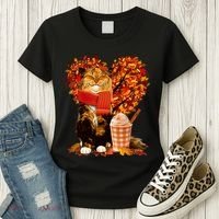 Cute Happy Autumn Cat With Pumpkin Spice Drink Fall Lover Women's T-Shirt thumb 3