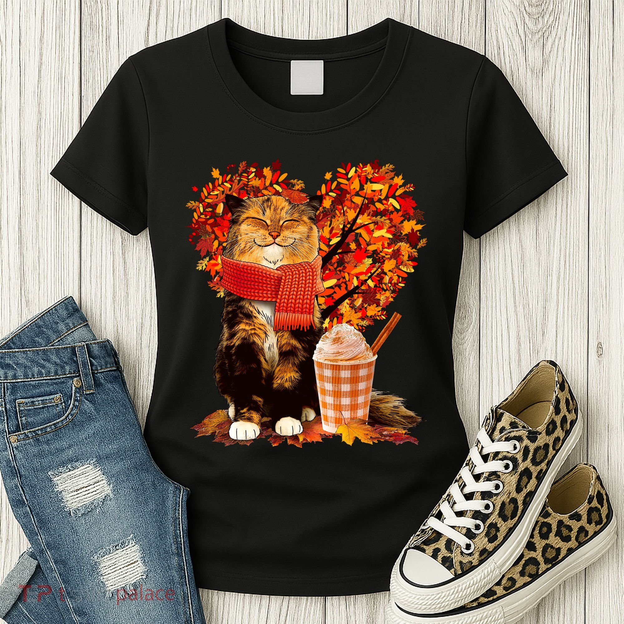 Cute Happy Autumn Cat With Pumpkin Spice Drink Fall Lover Women's T-Shirt