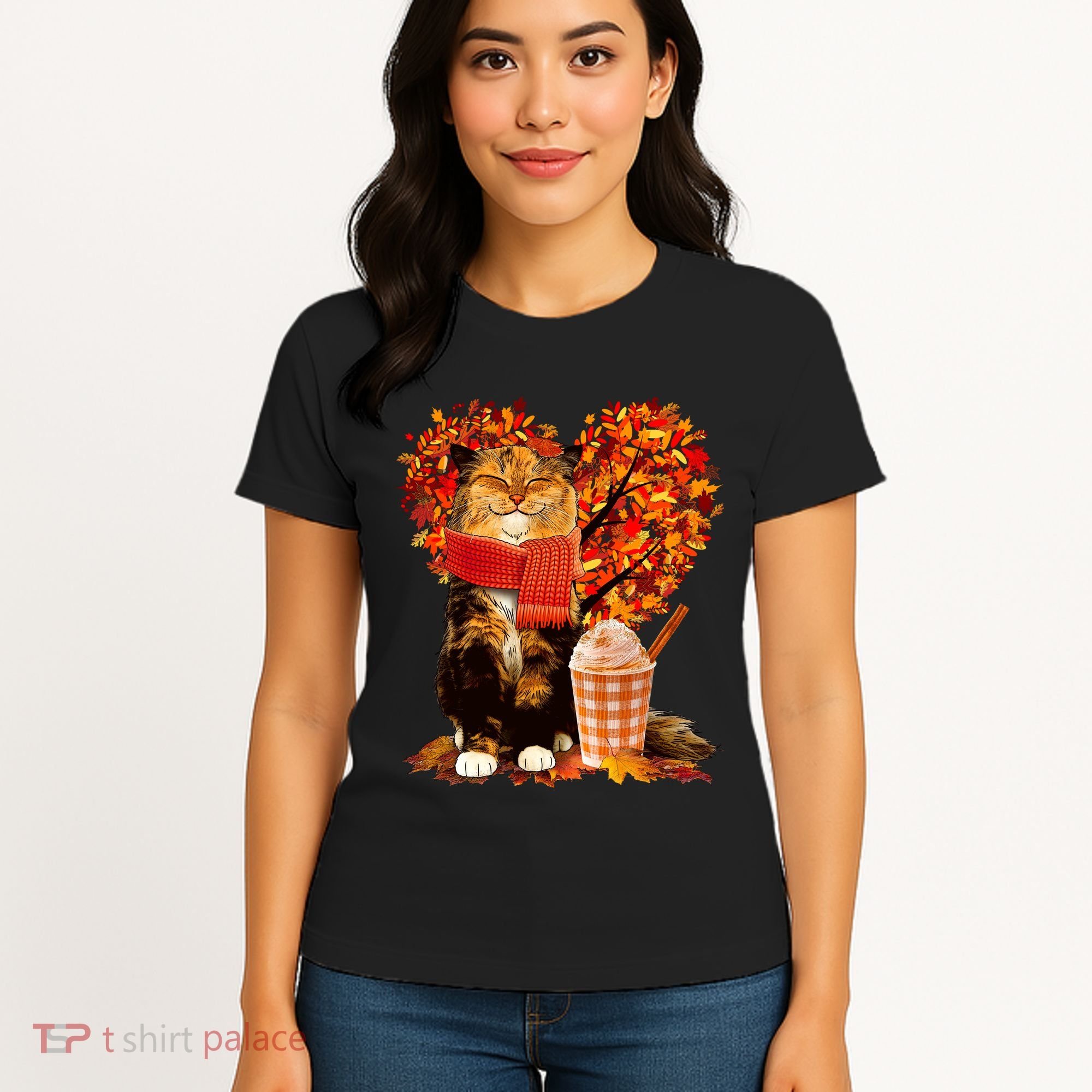 Cute Happy Autumn Cat With Pumpkin Spice Drink Fall Lover Women's T-Shirt