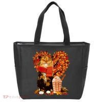 Cute Happy Autumn Cat With Pumpkin Spice Drink Fall Lover Tote Bag thumb 0