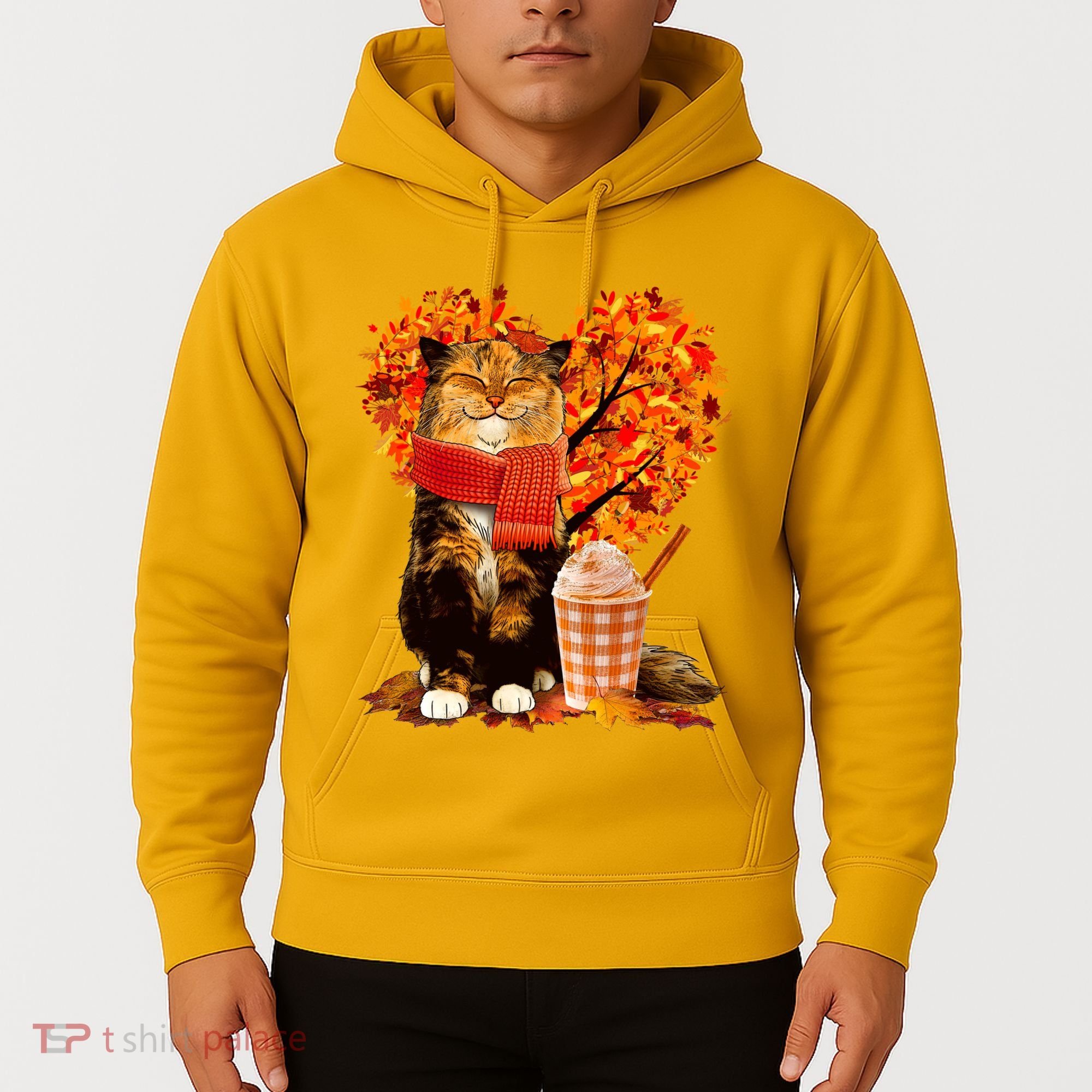 Cute Happy Autumn Cat With Pumpkin Spice Drink Fall Lover Hoodie