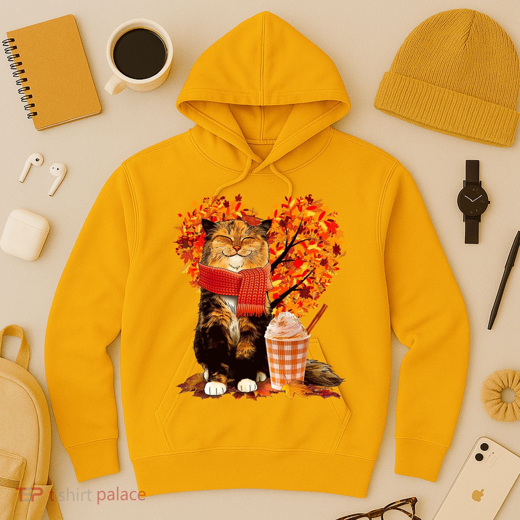 Cute Happy Autumn Cat With Pumpkin Spice Drink Fall Lover Hoodie