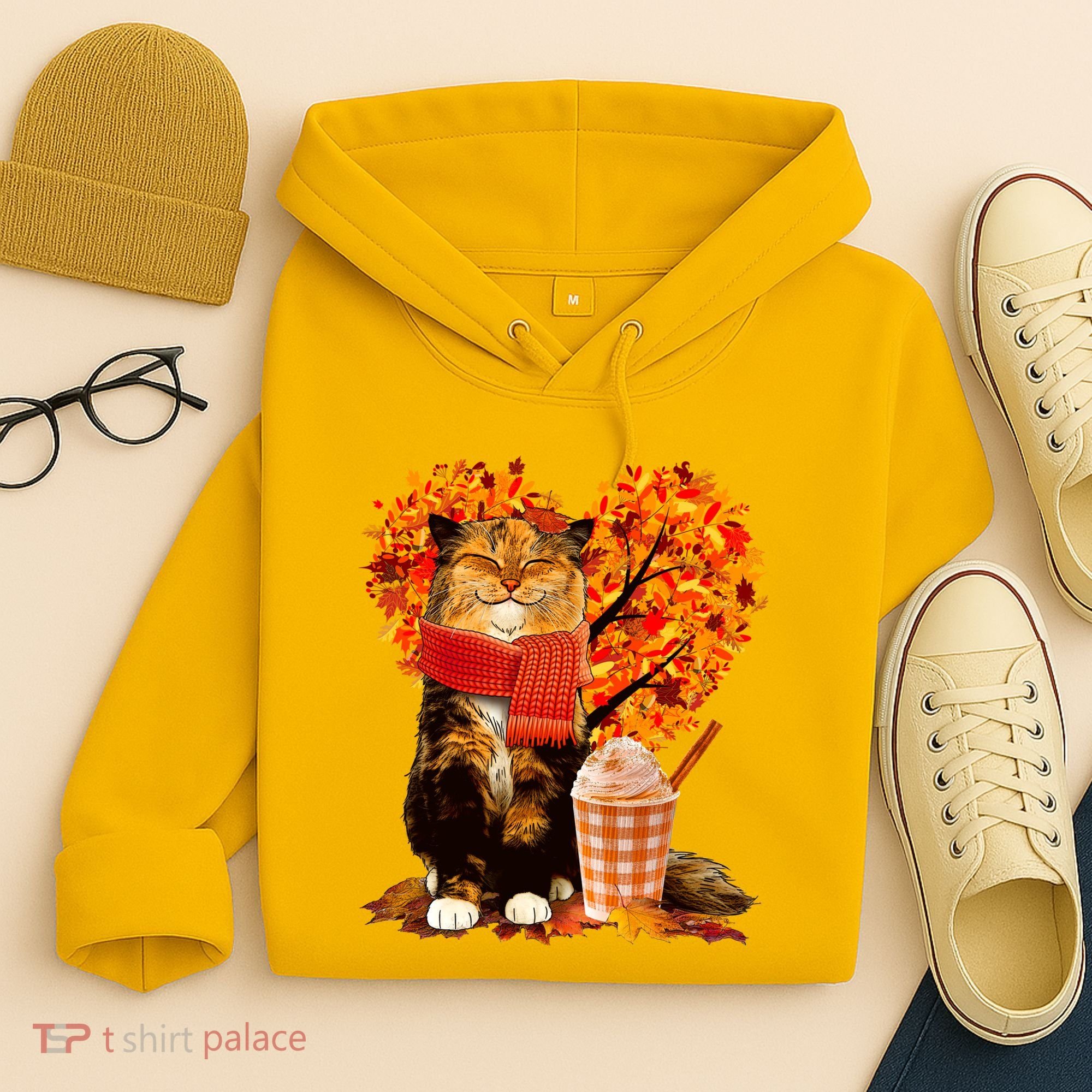 Cute Happy Autumn Cat With Pumpkin Spice Drink Fall Lover Hoodie