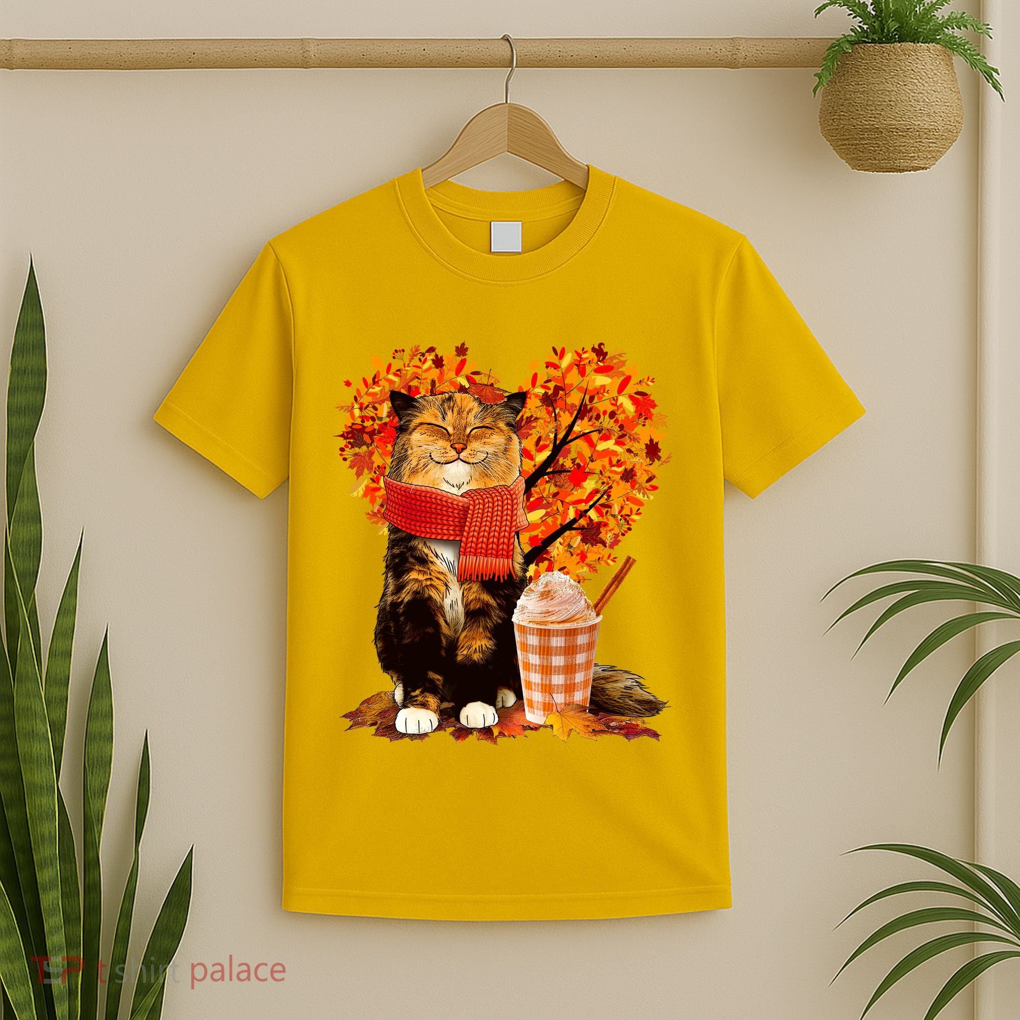 Cute Happy Autumn Cat With Pumpkin Spice Drink Fall Lover T-Shirt