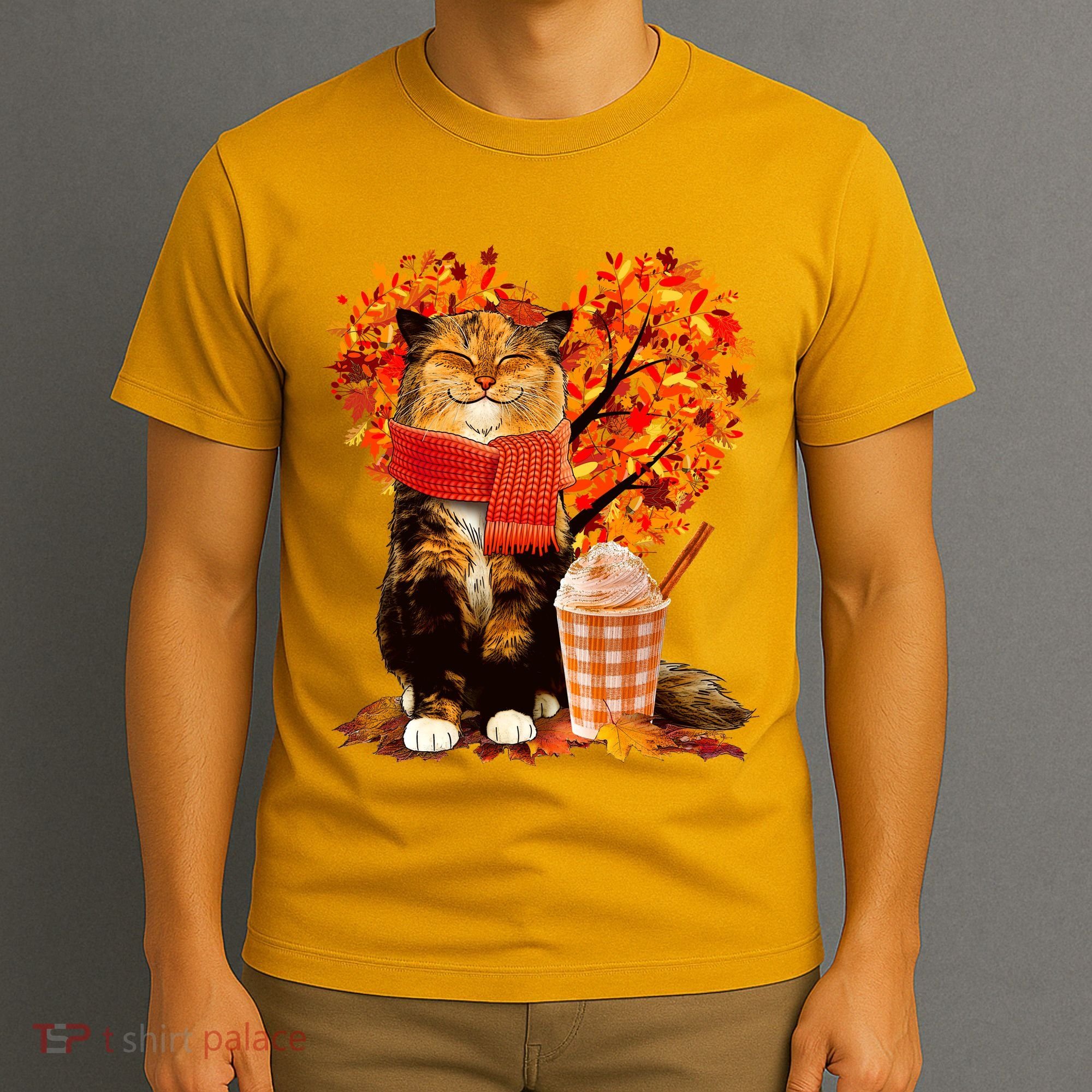 Cute Happy Autumn Cat With Pumpkin Spice Drink Fall Lover T-Shirt
