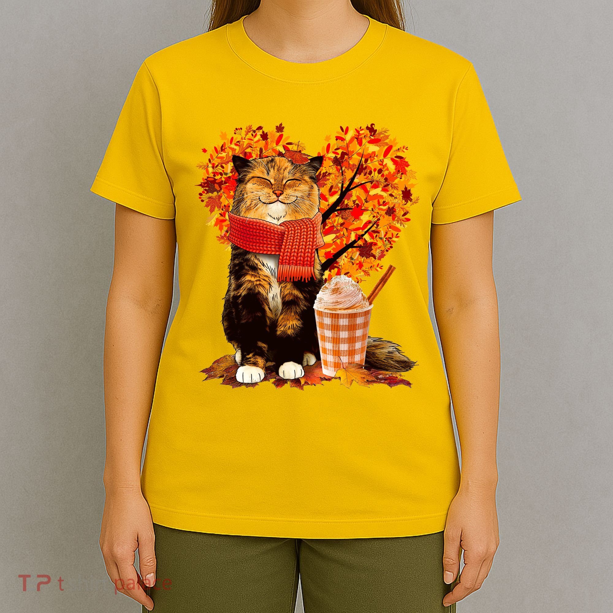 Cute Happy Autumn Cat With Pumpkin Spice Drink Fall Lover T-Shirt