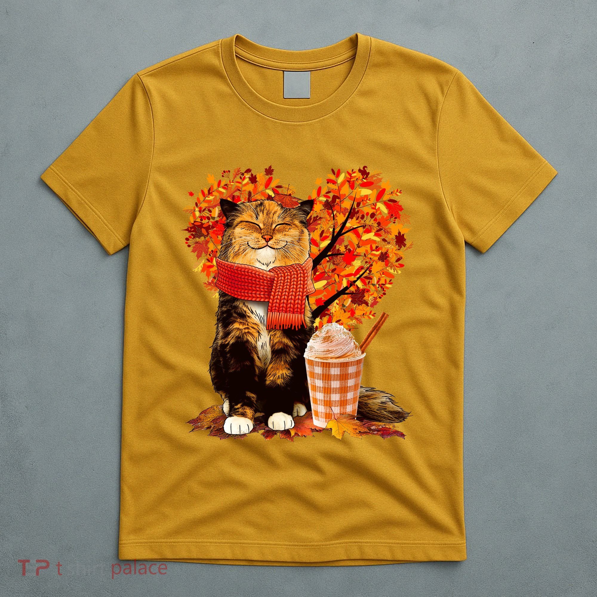 Cute Happy Autumn Cat With Pumpkin Spice Drink Fall Lover T-Shirt