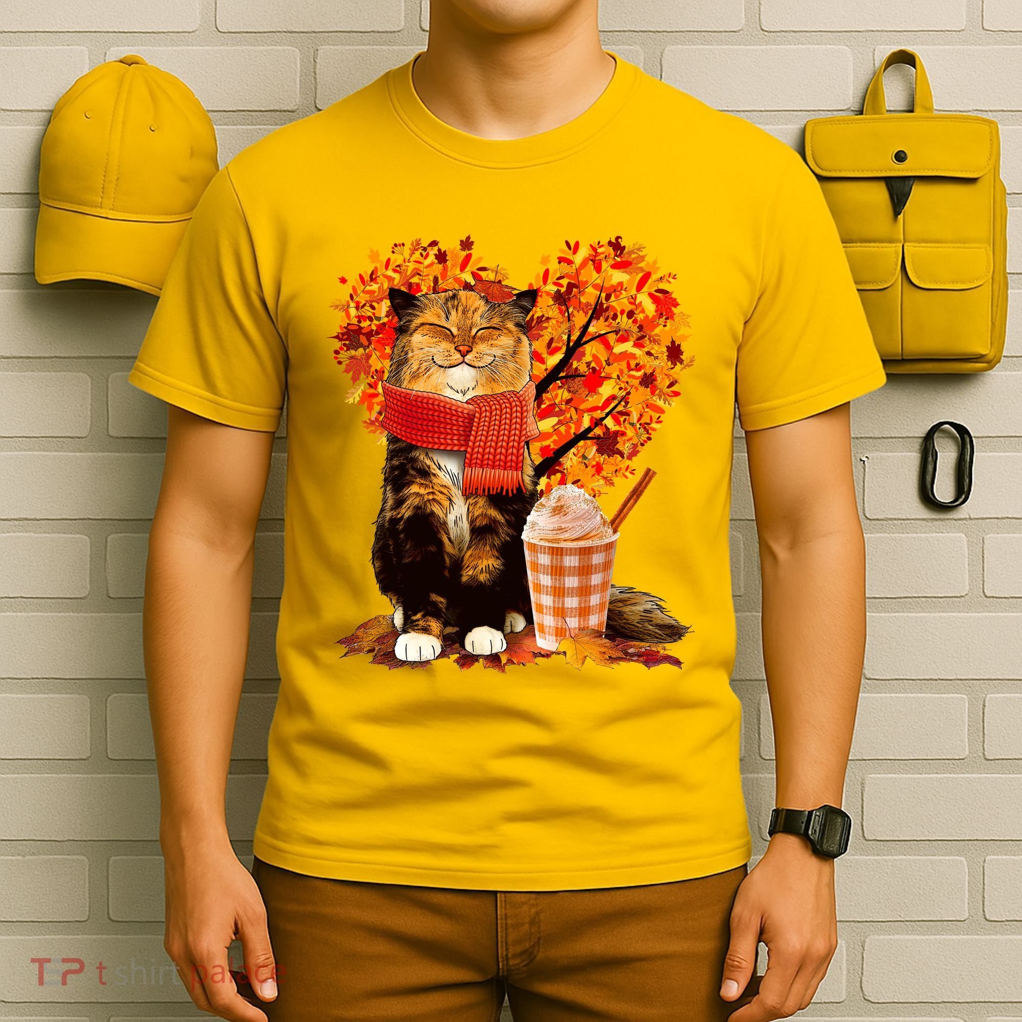 Cute Happy Autumn Cat With Pumpkin Spice Drink Fall Lover T-Shirt