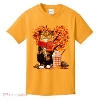 Cute Happy Autumn Cat With Pumpkin Spice Drink Fall Lover Kids T-Shirt thumb 0