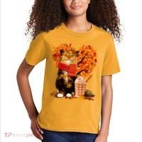 Cute Happy Autumn Cat With Pumpkin Spice Drink Fall Lover Kids T-Shirt thumb 2