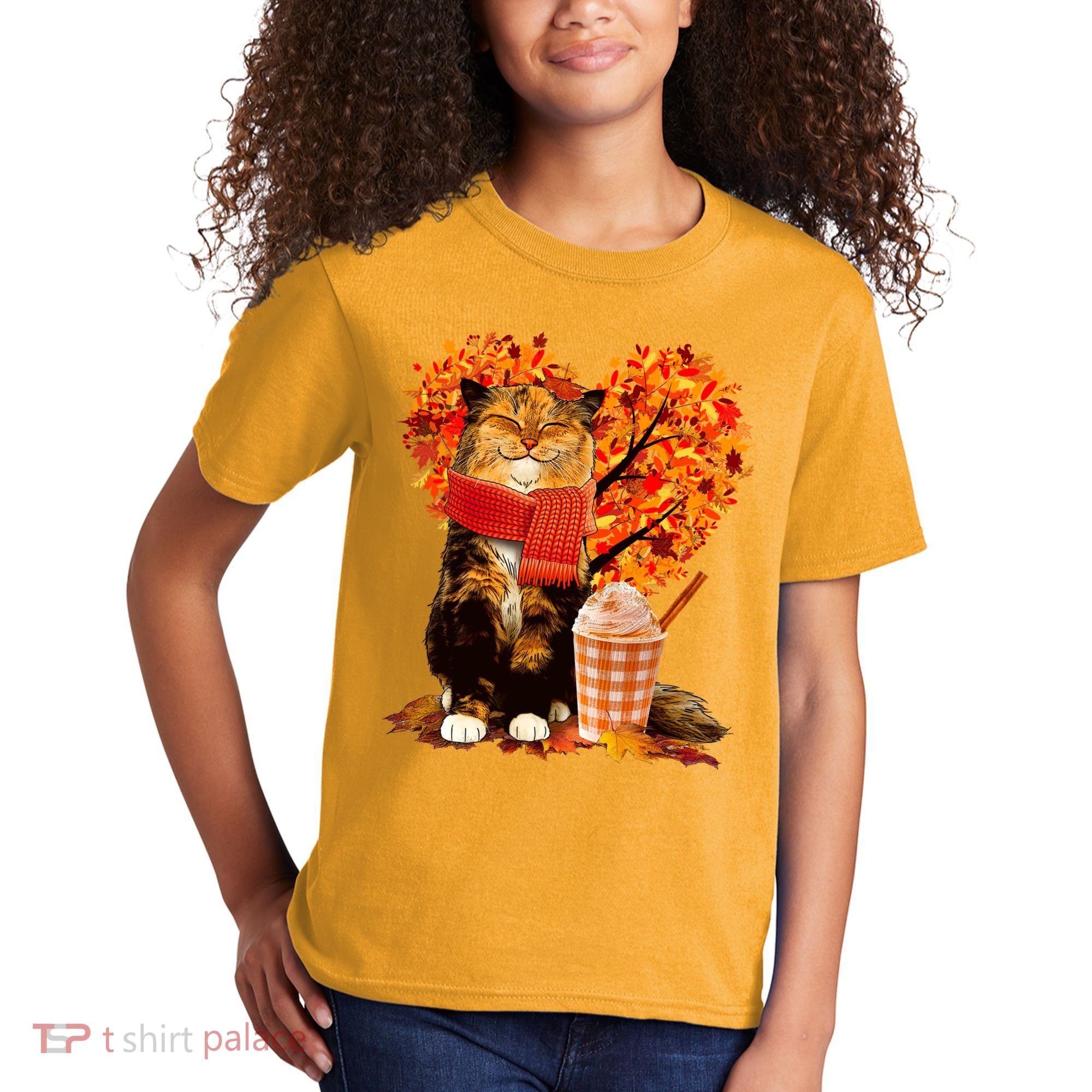 Cute Happy Autumn Cat With Pumpkin Spice Drink Fall Lover Kids T-Shirt