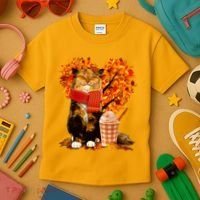 Cute Happy Autumn Cat With Pumpkin Spice Drink Fall Lover Kids T-Shirt thumb 3