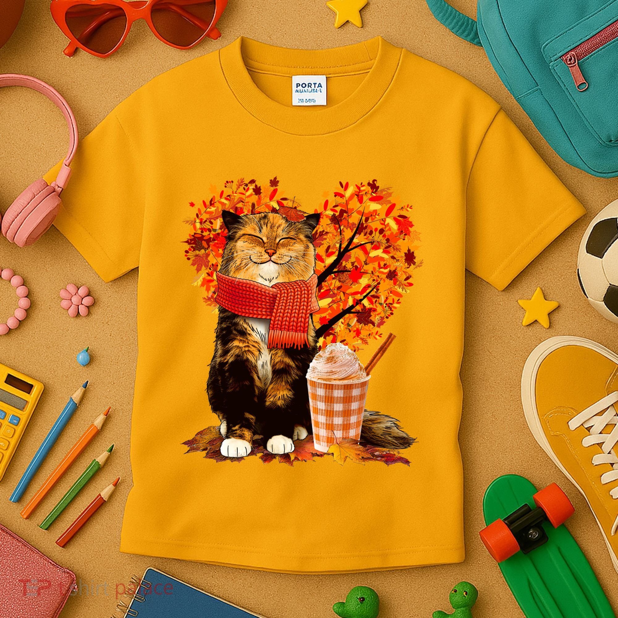 Cute Happy Autumn Cat With Pumpkin Spice Drink Fall Lover Kids T-Shirt