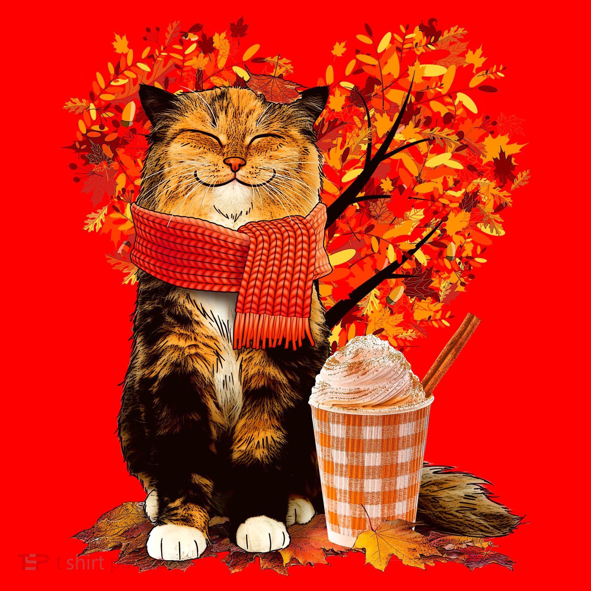 Cute Happy Autumn Cat With Pumpkin Spice Drink Fall Lover Santa Hat