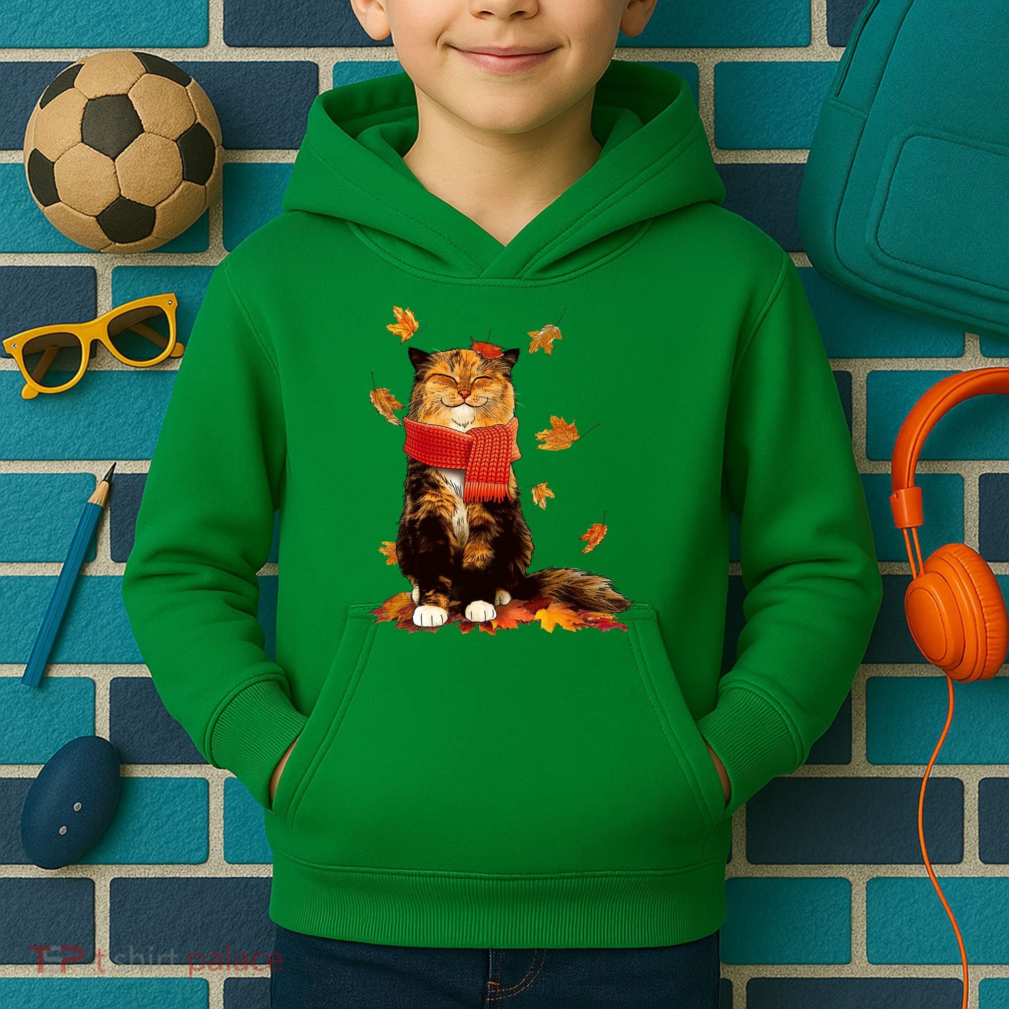 Cute Happy Autumn Cat Fall Season Lover Kids Hoodie