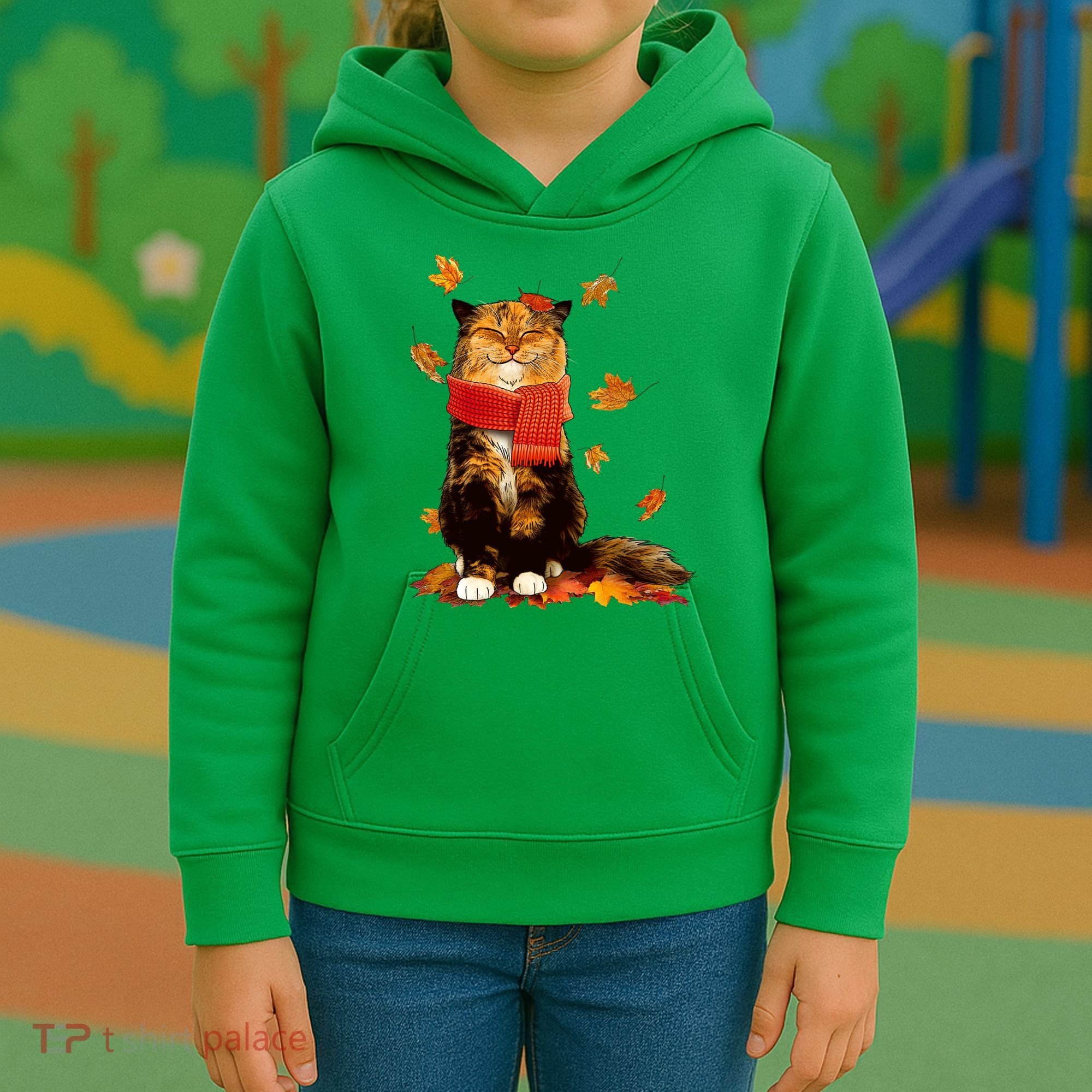 Cute Happy Autumn Cat Fall Season Lover Kids Hoodie
