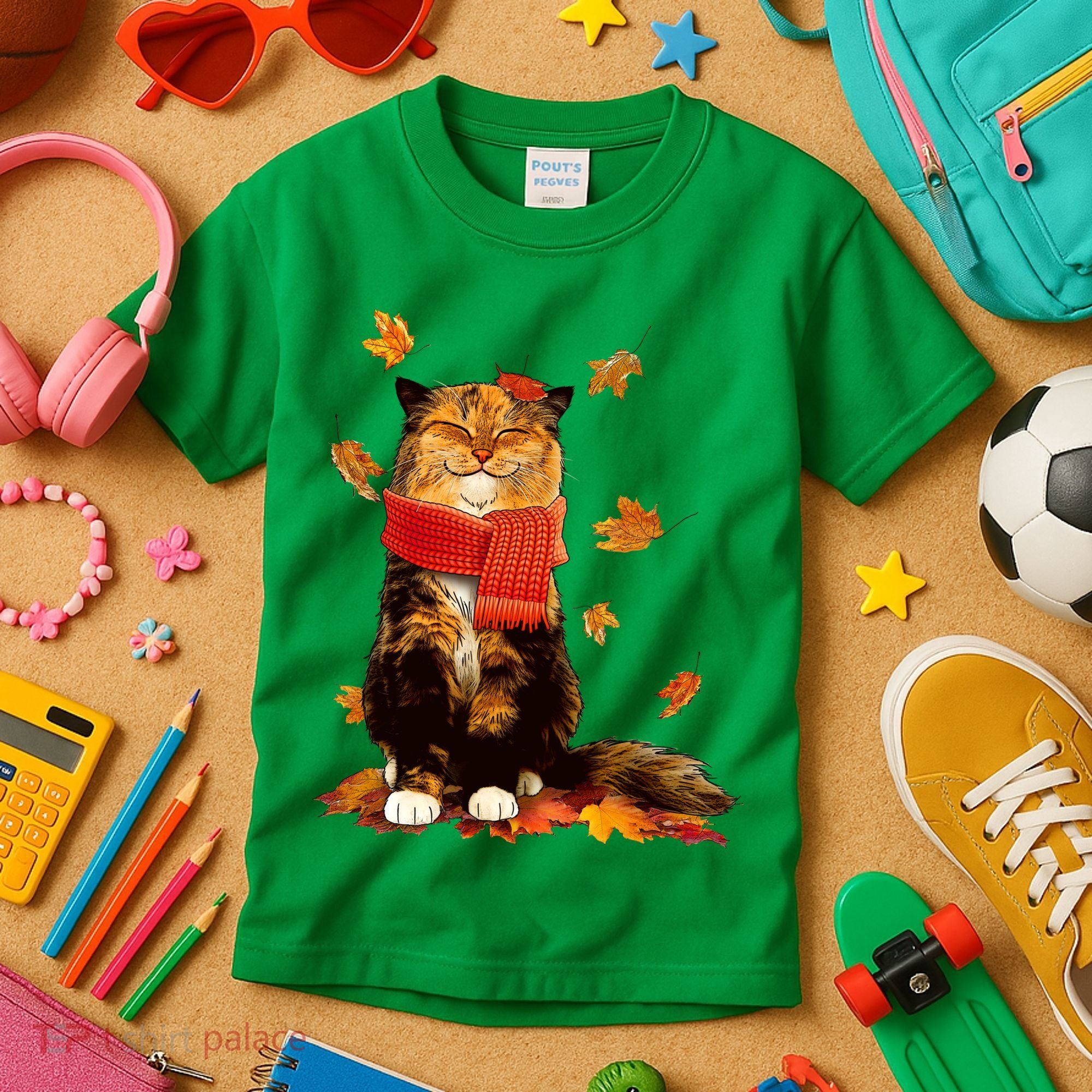 Cute Happy Autumn Cat Fall Season Lover Kids T-Shirt