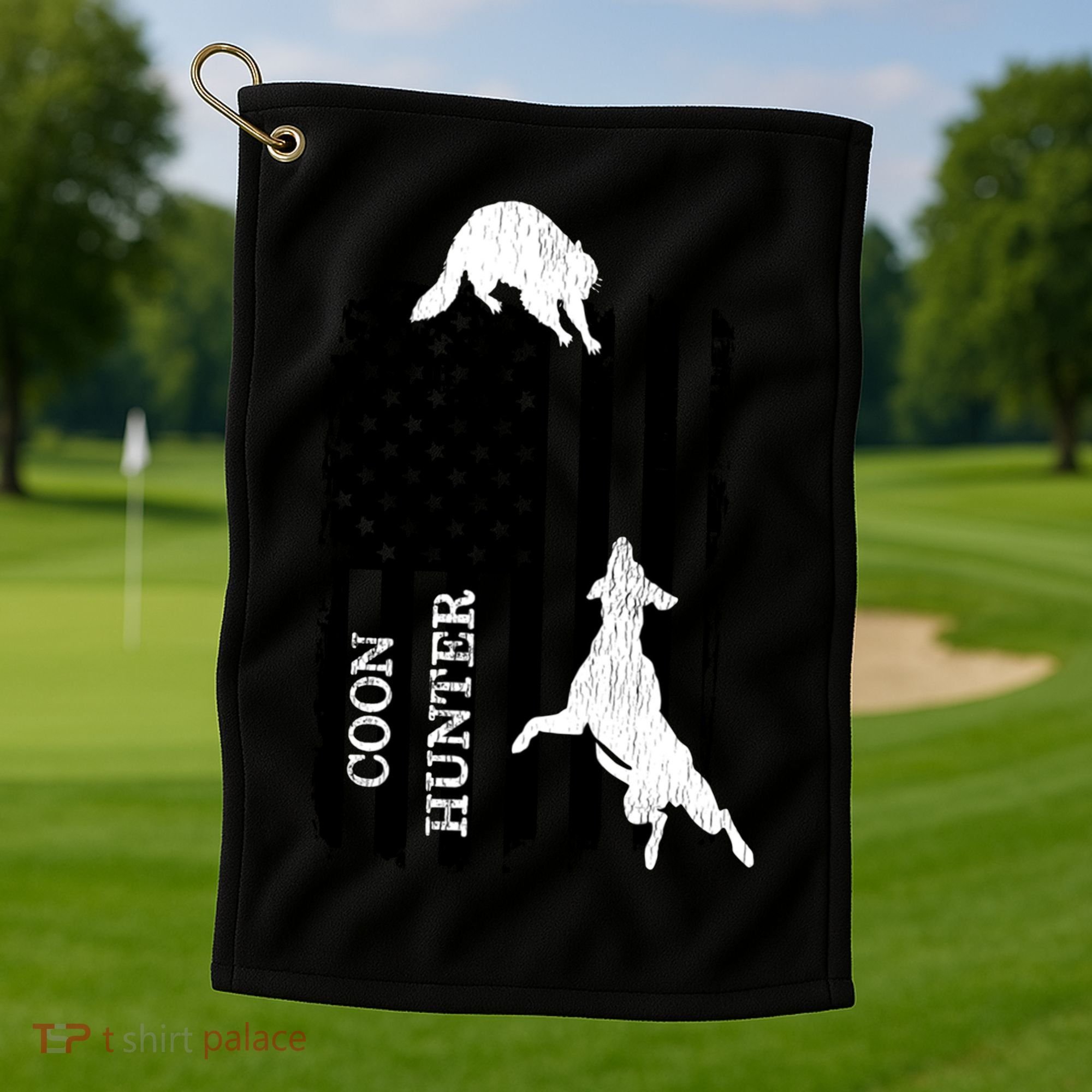 Coon Hunting American Flag Dog Golf Towel