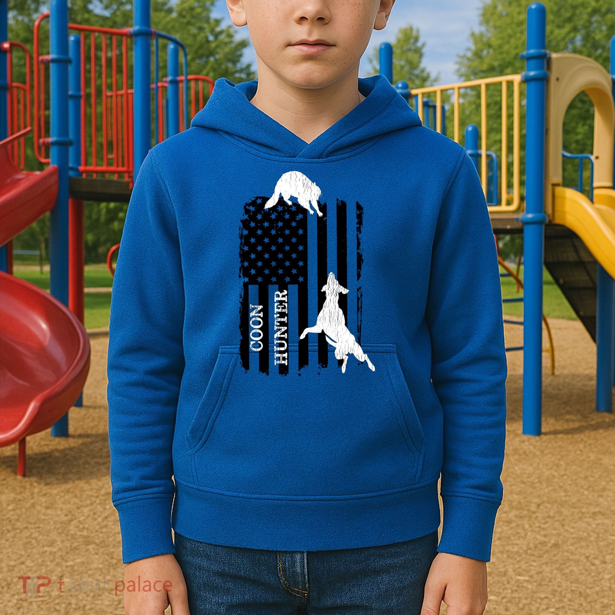 Coon Hunting American Flag Dog Kids Hoodie
