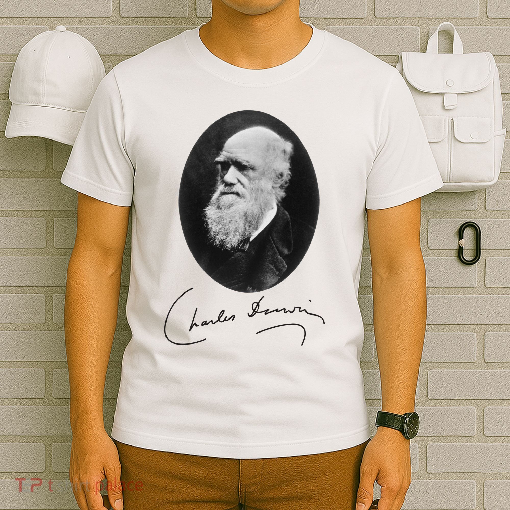 Charles Darwin Portrait Signature Evolution Atheist Science T-Shirt