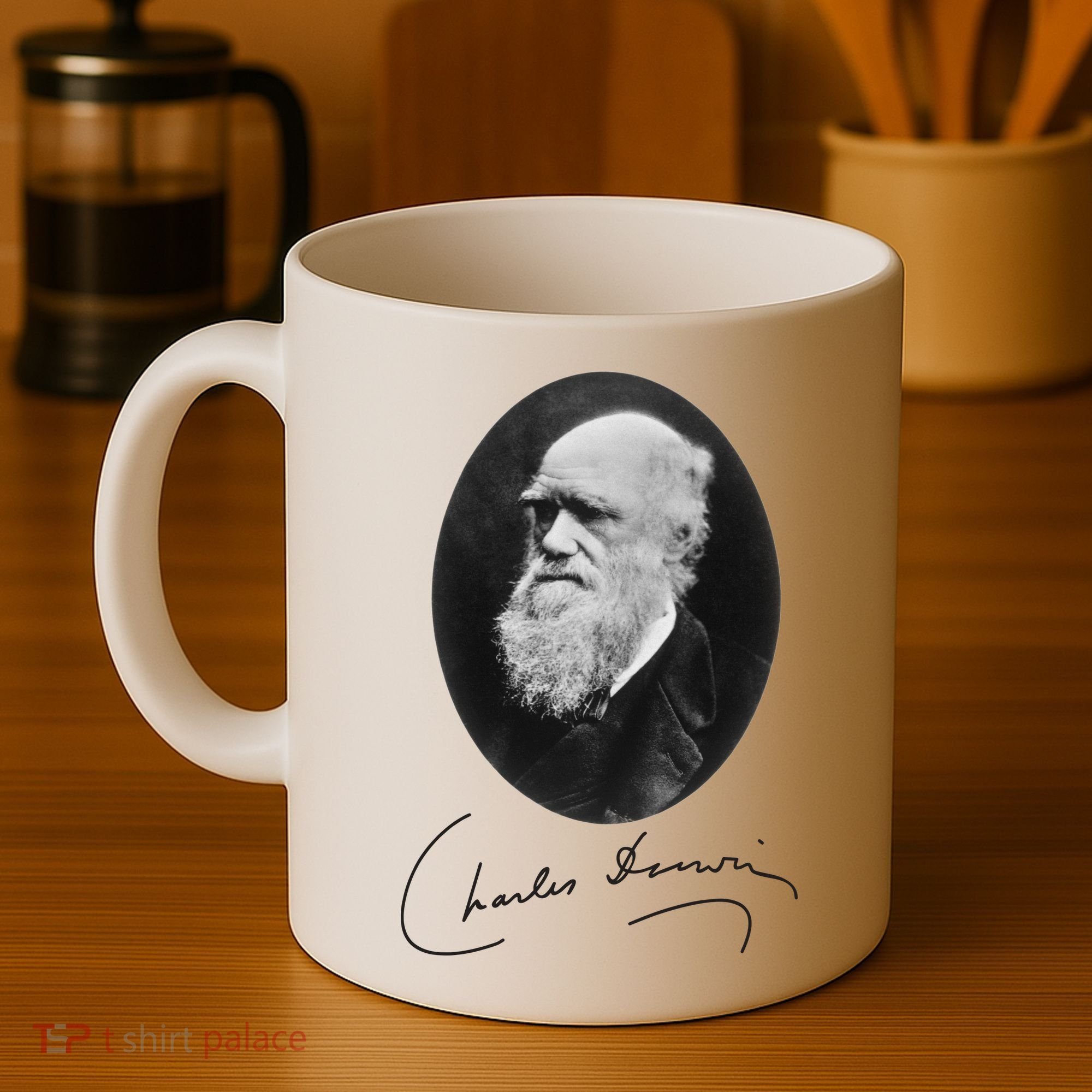 Charles Darwin Portrait Signature Evolution Atheist Science Coffee Mug