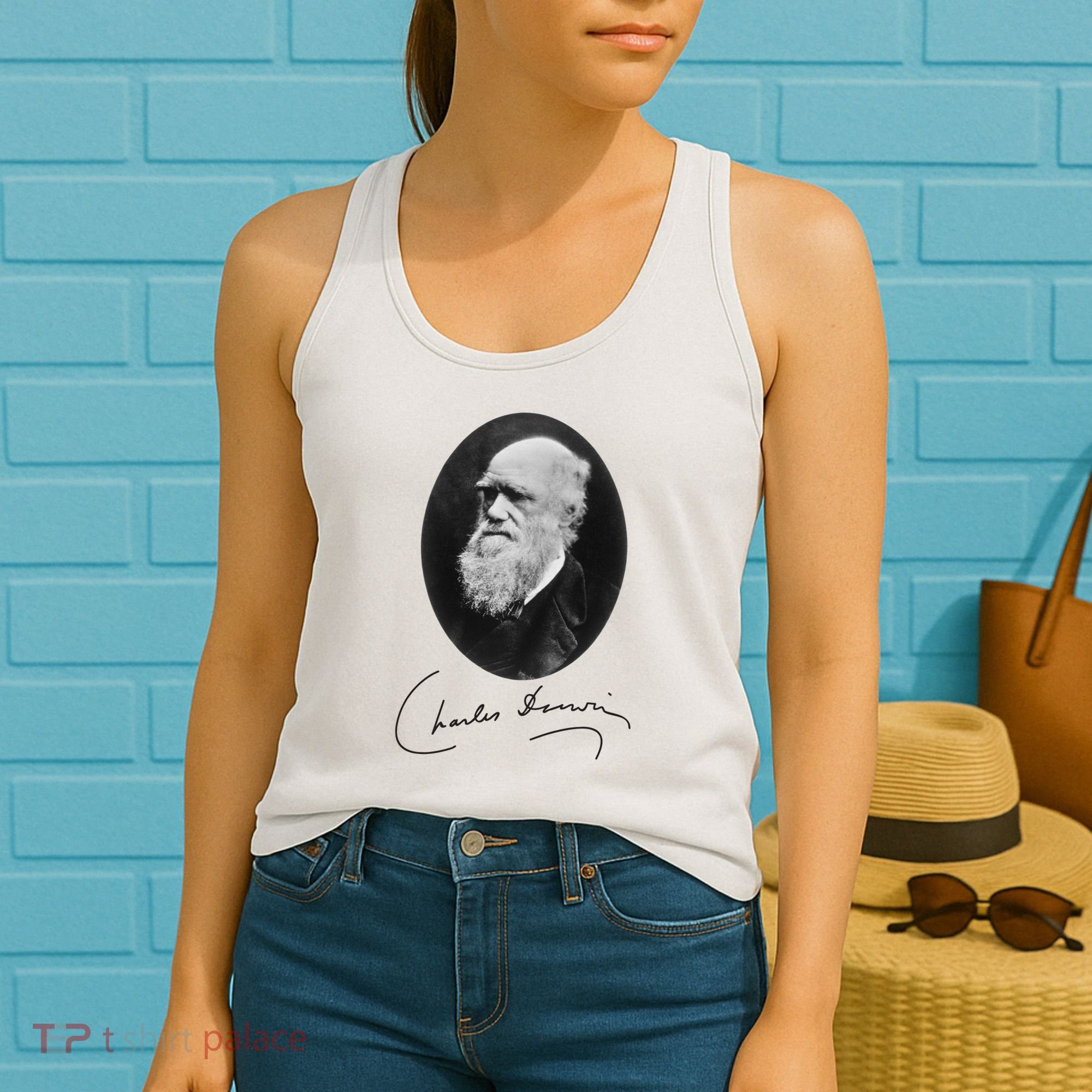 Charles Darwin Portrait Signature Evolution Atheist Science Women's Tank Top