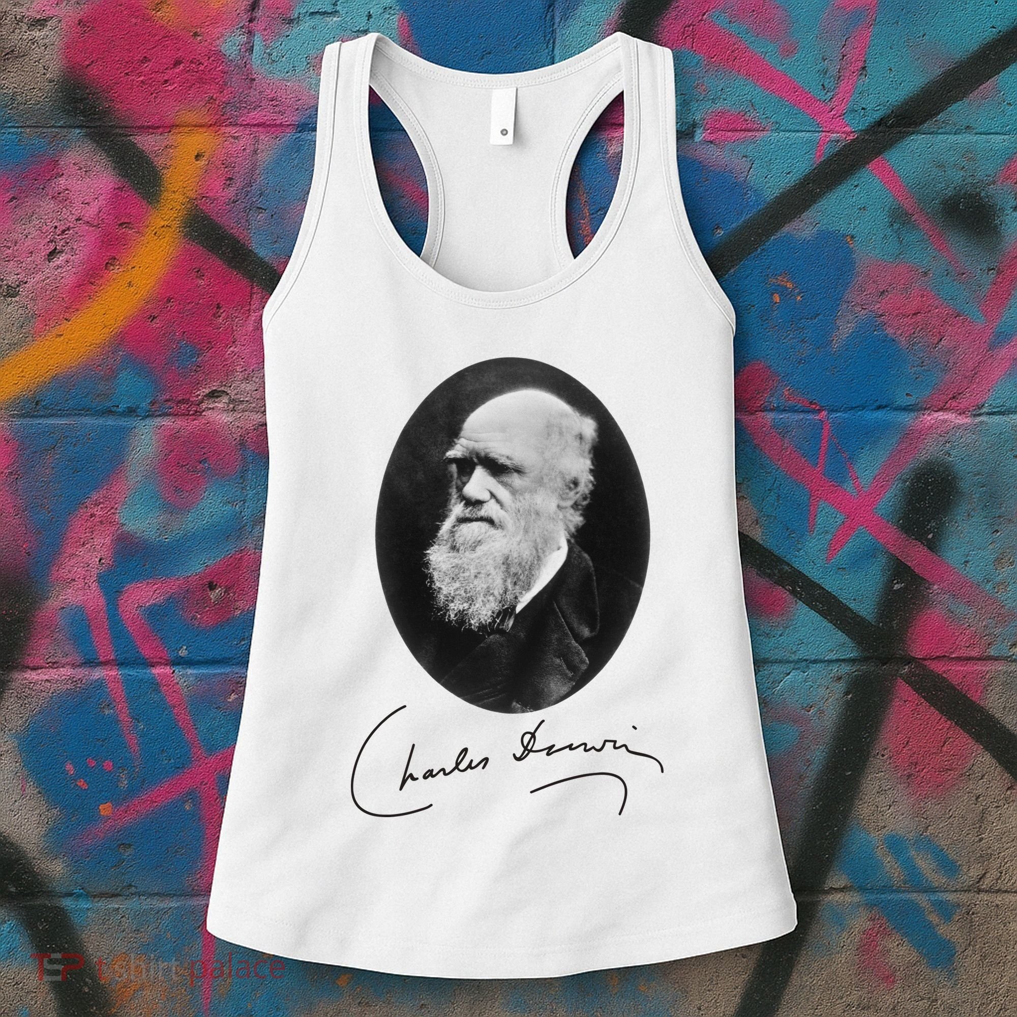 Charles Darwin Portrait Signature Evolution Atheist Science Women's Tank Top