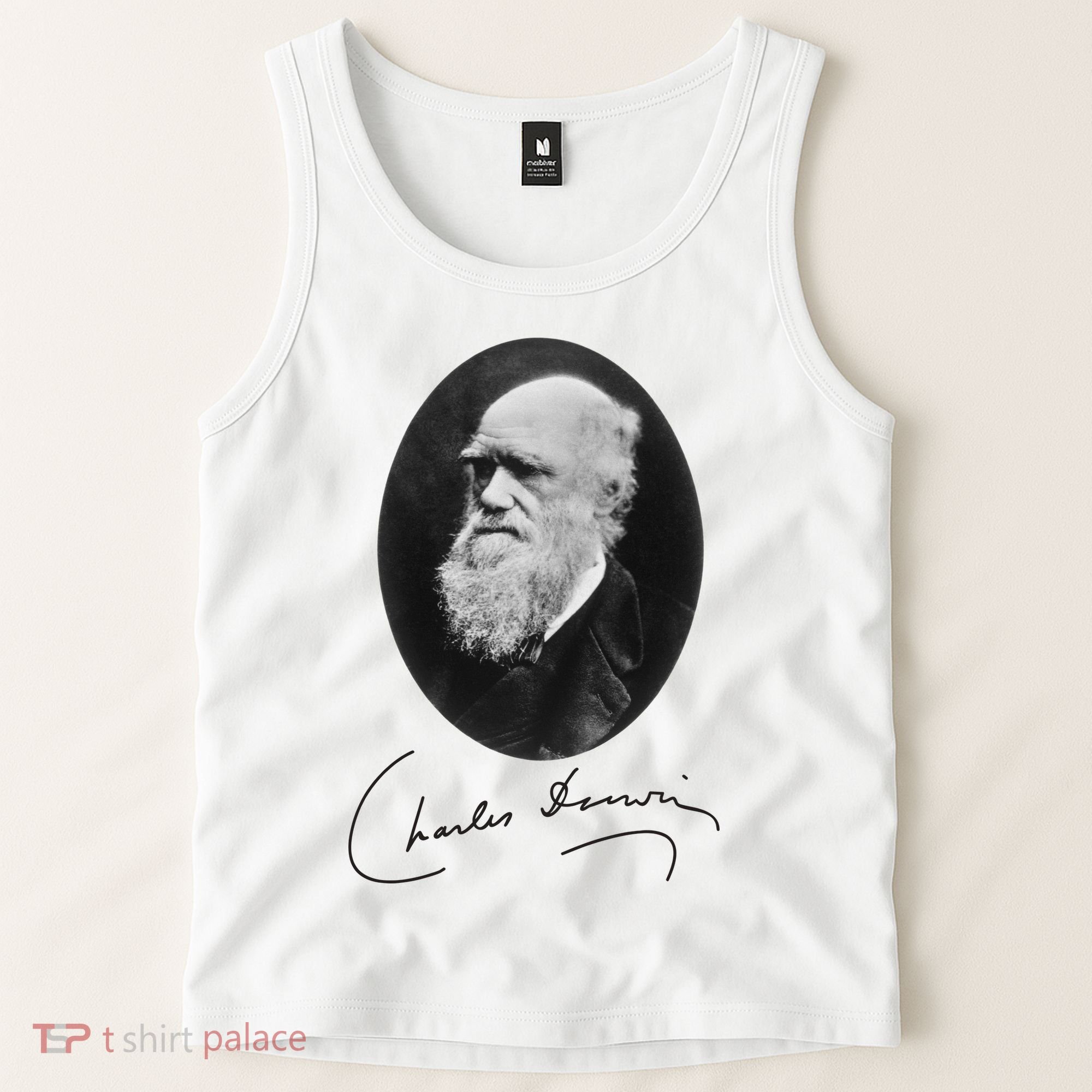 Charles Darwin Portrait Signature Evolution Atheist Science Tank Top