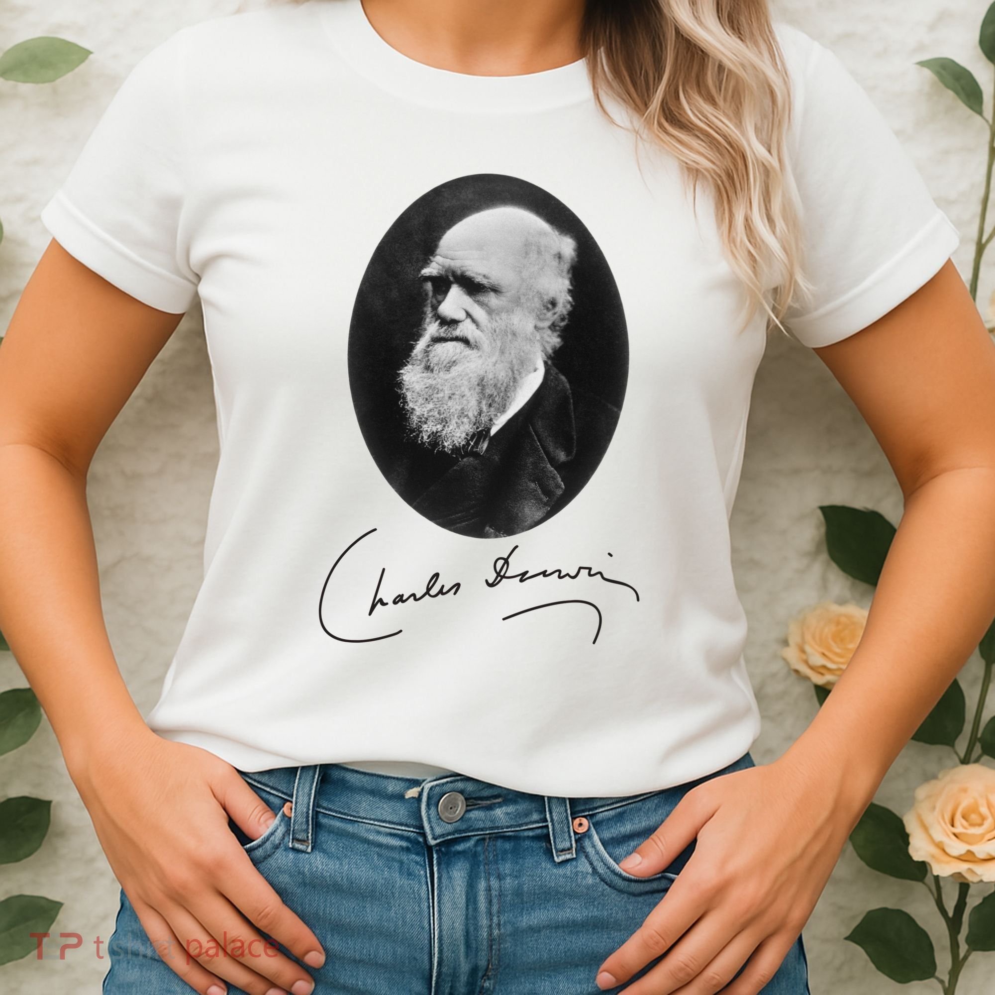 Charles Darwin Portrait Signature Evolution Atheist Science Women's T-Shirt